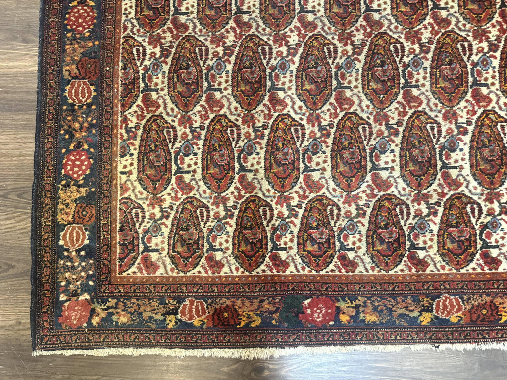 Antique Persian Kurdish Senneh Rug 4.6 x 6.5, Repeated Paisely Boteh Design, Handmade