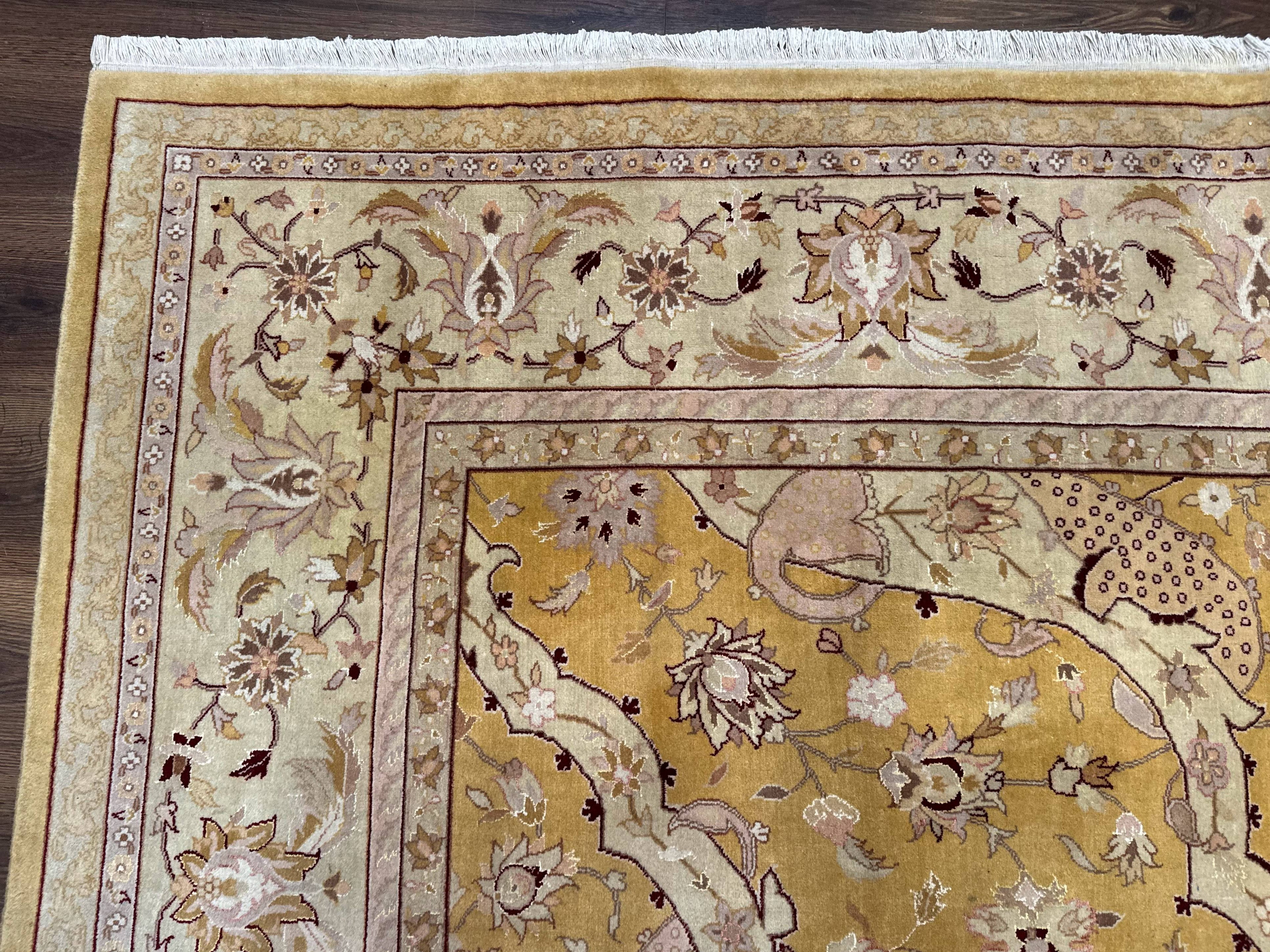 Sino Persian Rug 8x11, Wool with Silk Highlights, Unique Colors, Gold and Light Green, Fine 240 KPSI