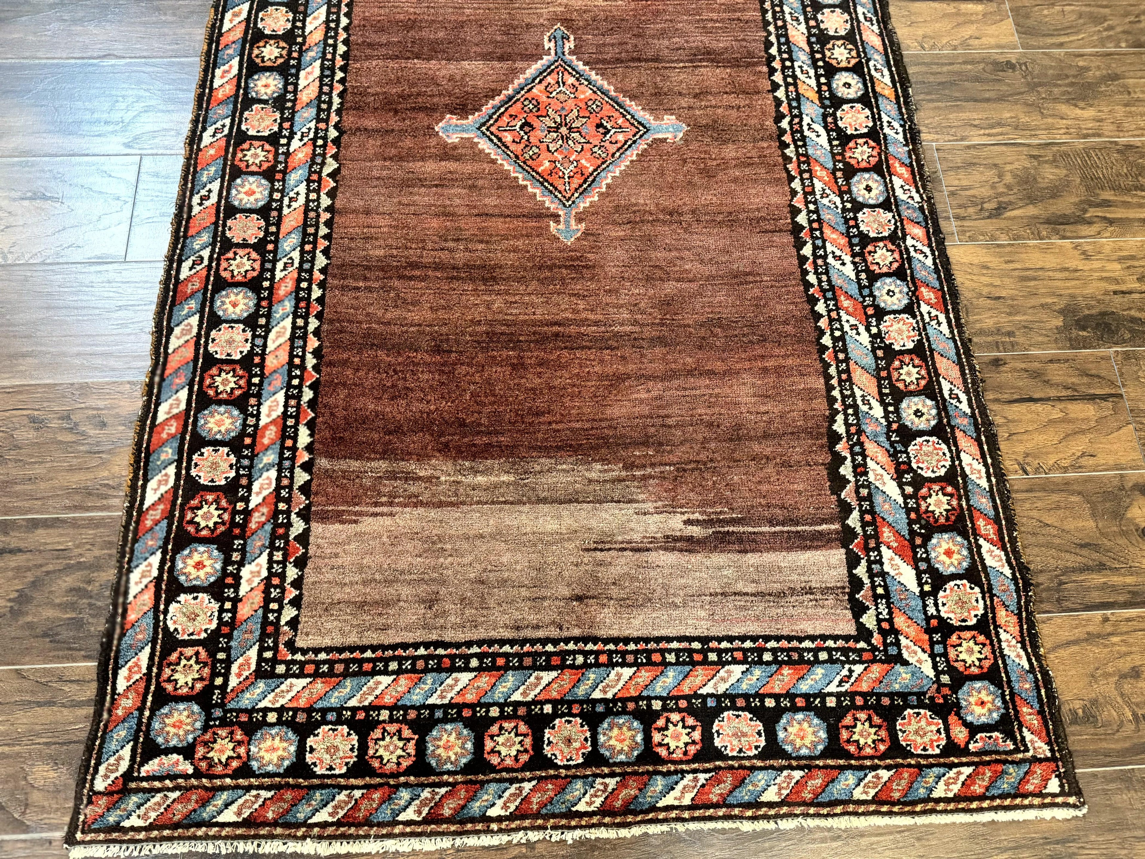 Antique Persian Rug 4x7, Sarab Tribal Wool Carpet, Brown and Multicolor, Handmade Wide Runner Rug 4 x 7, Open Field, Rainbow Border