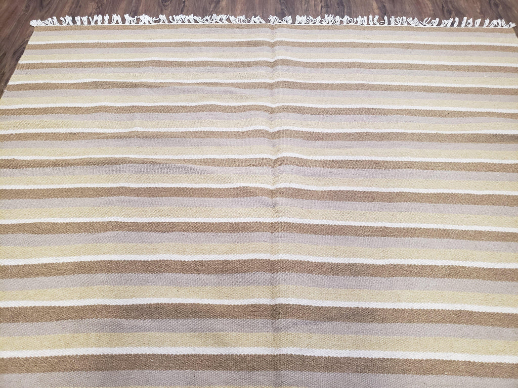 New Indian Striped Blanket, Multicolor Earthern Tones Kilim Rug, Wool Handmade South American Style Blanket, Queen Sized Bedspread 5x8 - 6x8