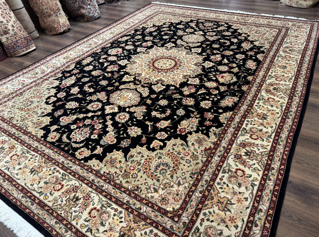 Sino Persian Rug 9x12, Black and Beige, Floral Medallion, Wool & Silk, Handmade