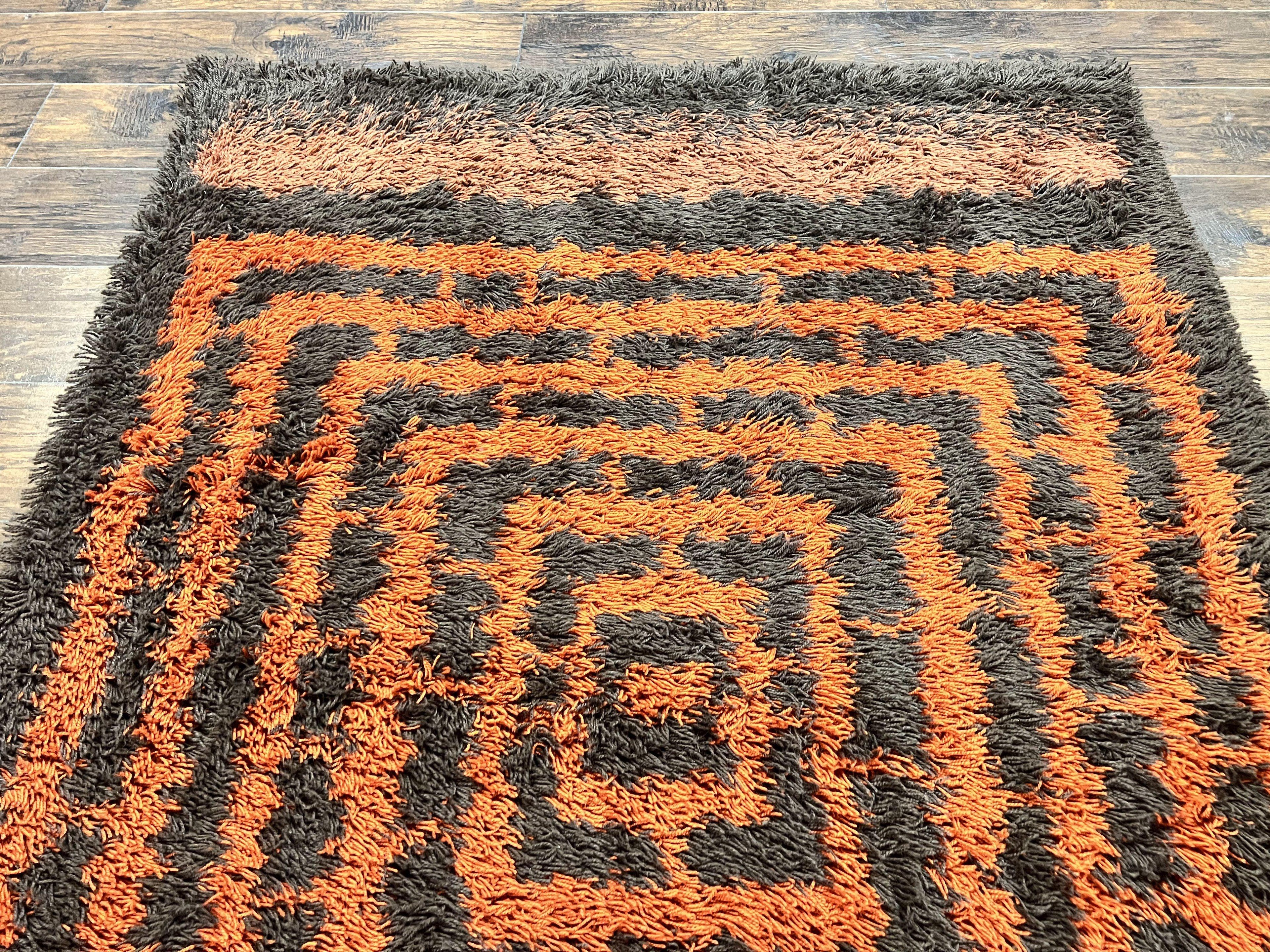Vintage Rya Shag Rug 4.6 x 6.6, Abstract Design, Brown and Orange, Mid Century Danish Rya Carpet