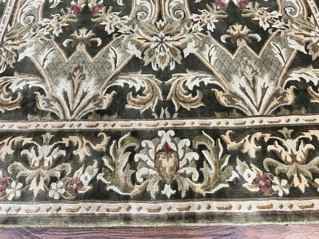 Tibetan Rug 8x10, European Design, Floral, Green, Handmade, Wool, Nepali Rug