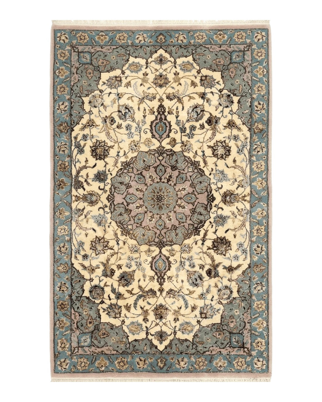 Persian Isfahan Rug 3x5, Fine 310 KPSI, Kork Wool Silk Foundation, Cream & Light Green