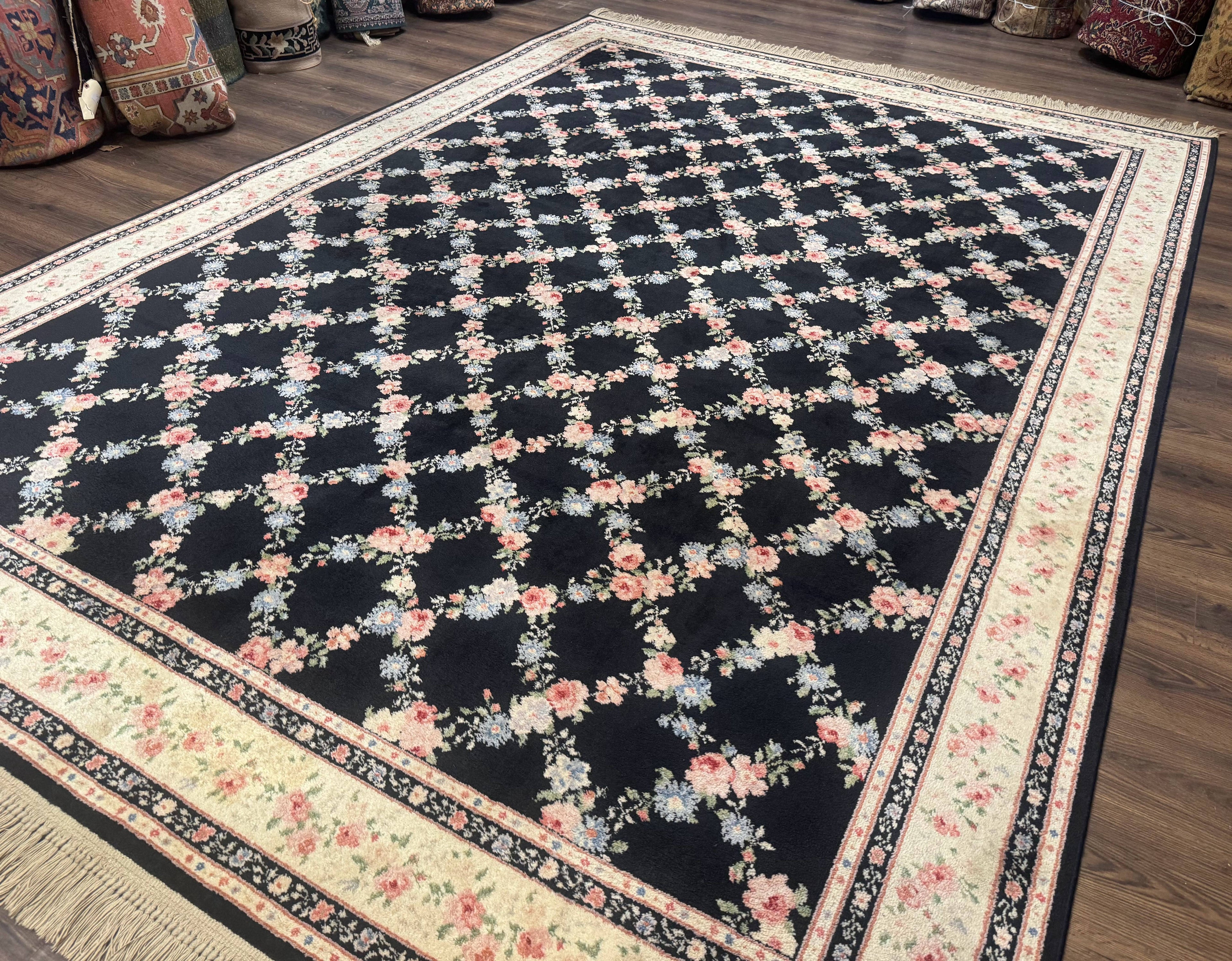 8.8 x 12 Karastan Garden of Eden Rug, Ebony Trellis #509/1270, Black, Floral, Wool Pile, Vintage, Discontinued