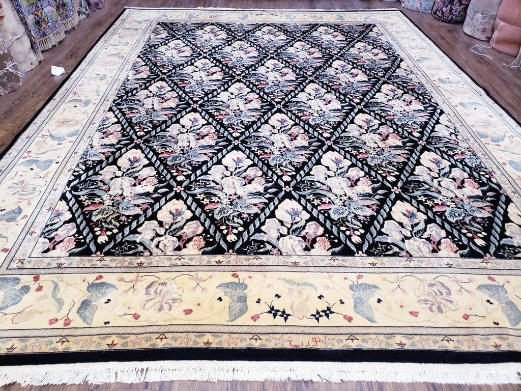 Sino-Persian Kirman Rug 9x12 Floral Handmade Wool Carpet Black & Ivory Vintage