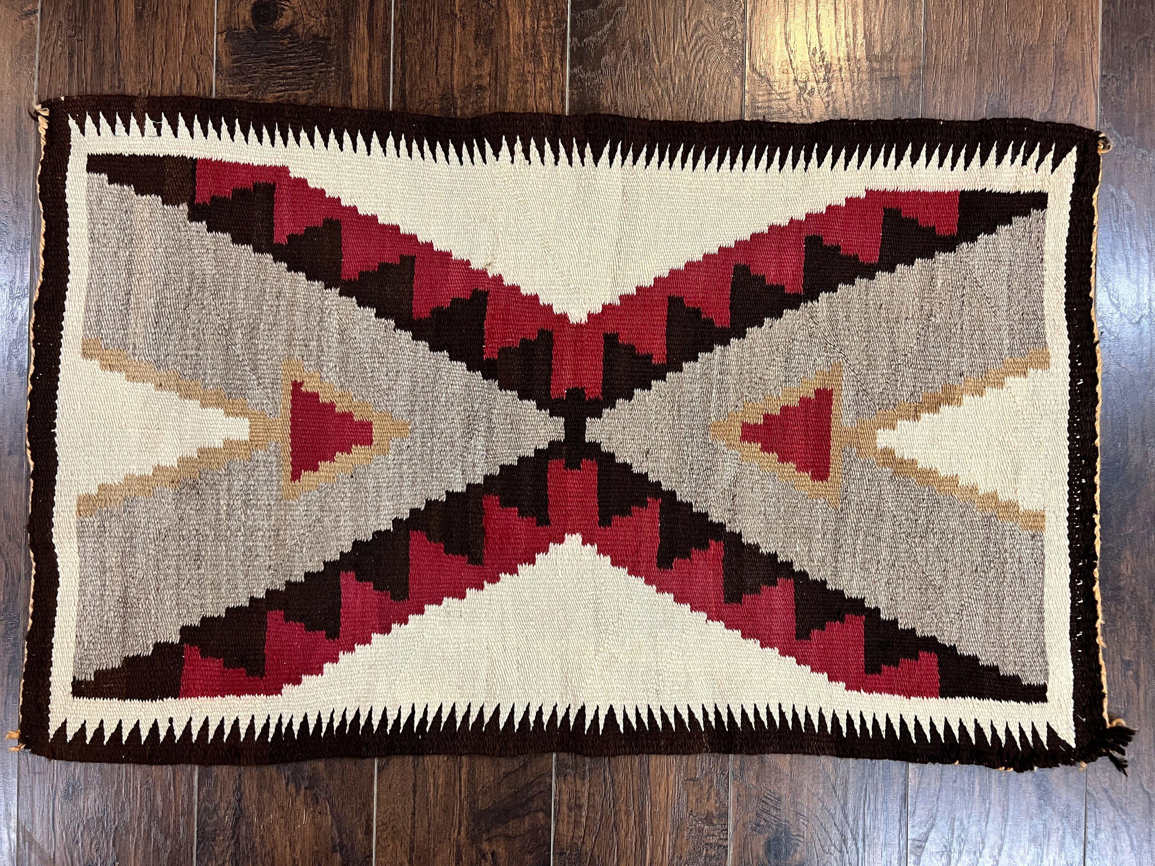 Antique Navajo Rug 2x4, Collectible Native American Wool Handmade Rug, Ivory Black Red Gray, Vintage Navajo Textile
