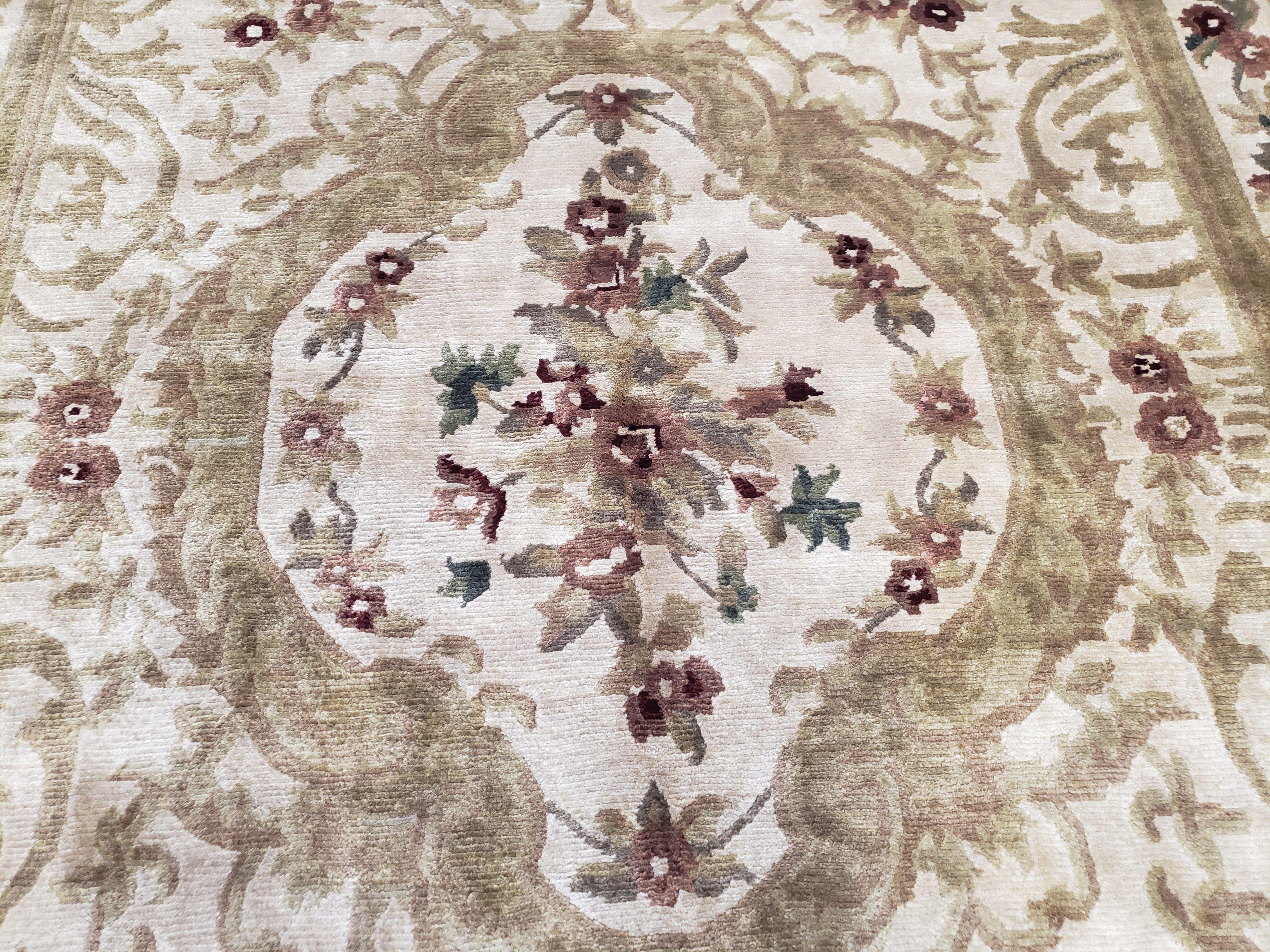 Vintage Nepali Tibetan Aubusson Rug 6x9, Wool Hand-Knotted Cream Beige Carpet, Leaves & Floral Pattern 6 x 9 Soft Area Rug Home Office Rug