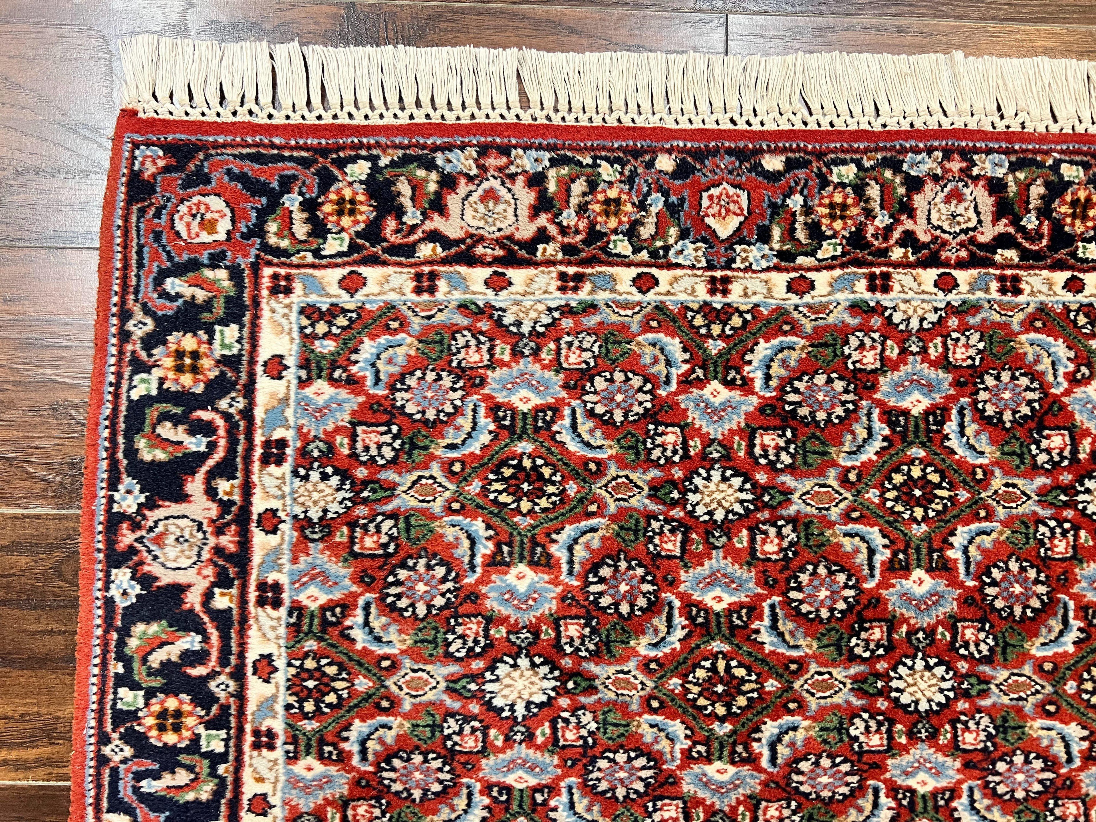 Indo Persian Rug 3x5, Red and Navy Blue, Wool Vintage Handmade Small Carpet 3 x 5 ft, Herati Pattern, Bidjar Rug