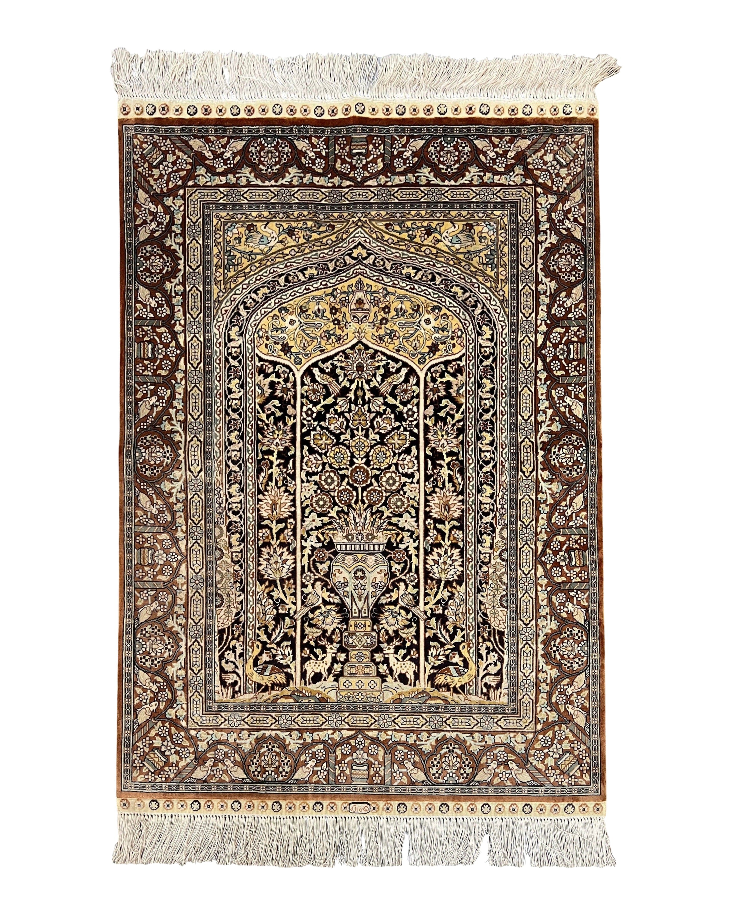 Turkish Silk Hereke Rug 2x3, Floral Vase Tree of Life Birds, Silk Pile on Silk Foundation, Vintage Oriental Carpet, Very Fine, Signature