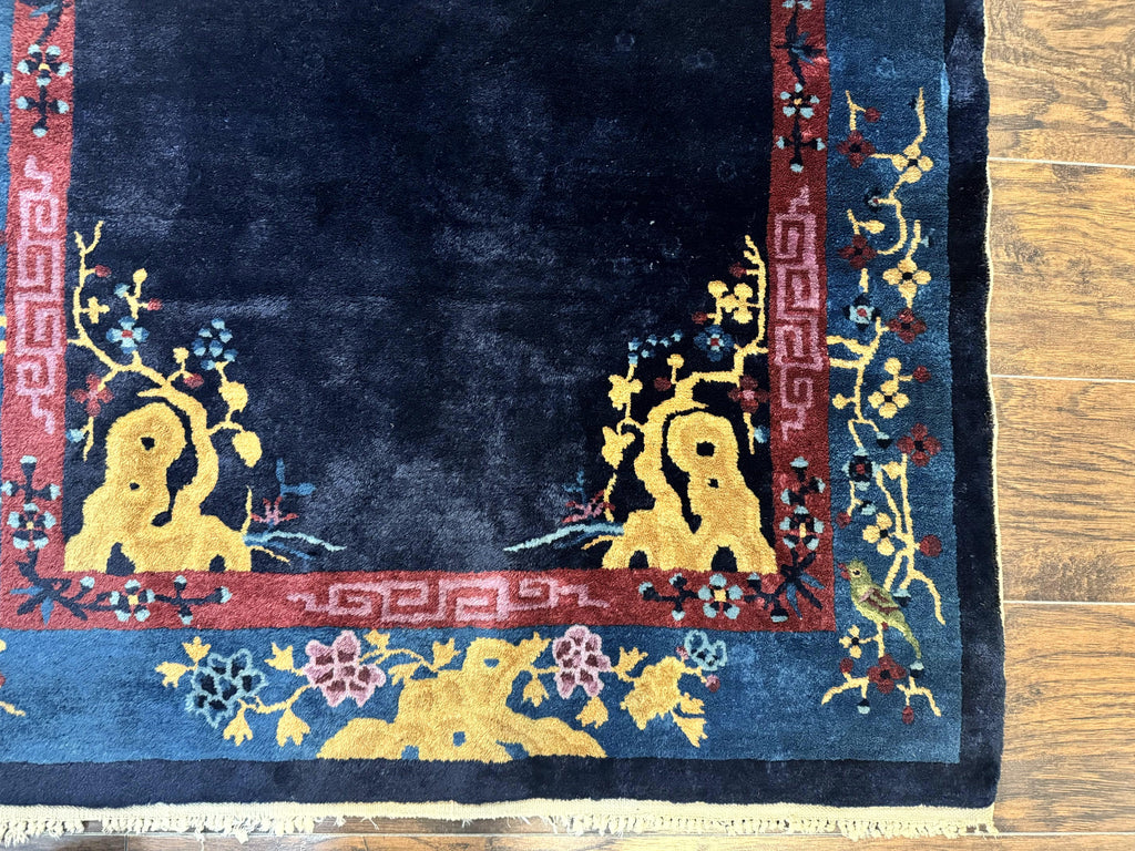 Antique Chinese Peking Rug 3x6, Dark Blue, Bird Motif, Handmade Wool Art Deco Asian Oriental Carpet, Pair B