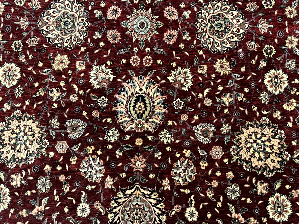 Round Sino Persian Rug 9x9, Burgundy and Cream, Floral, Wool and Silk, 9ft Round Carpet