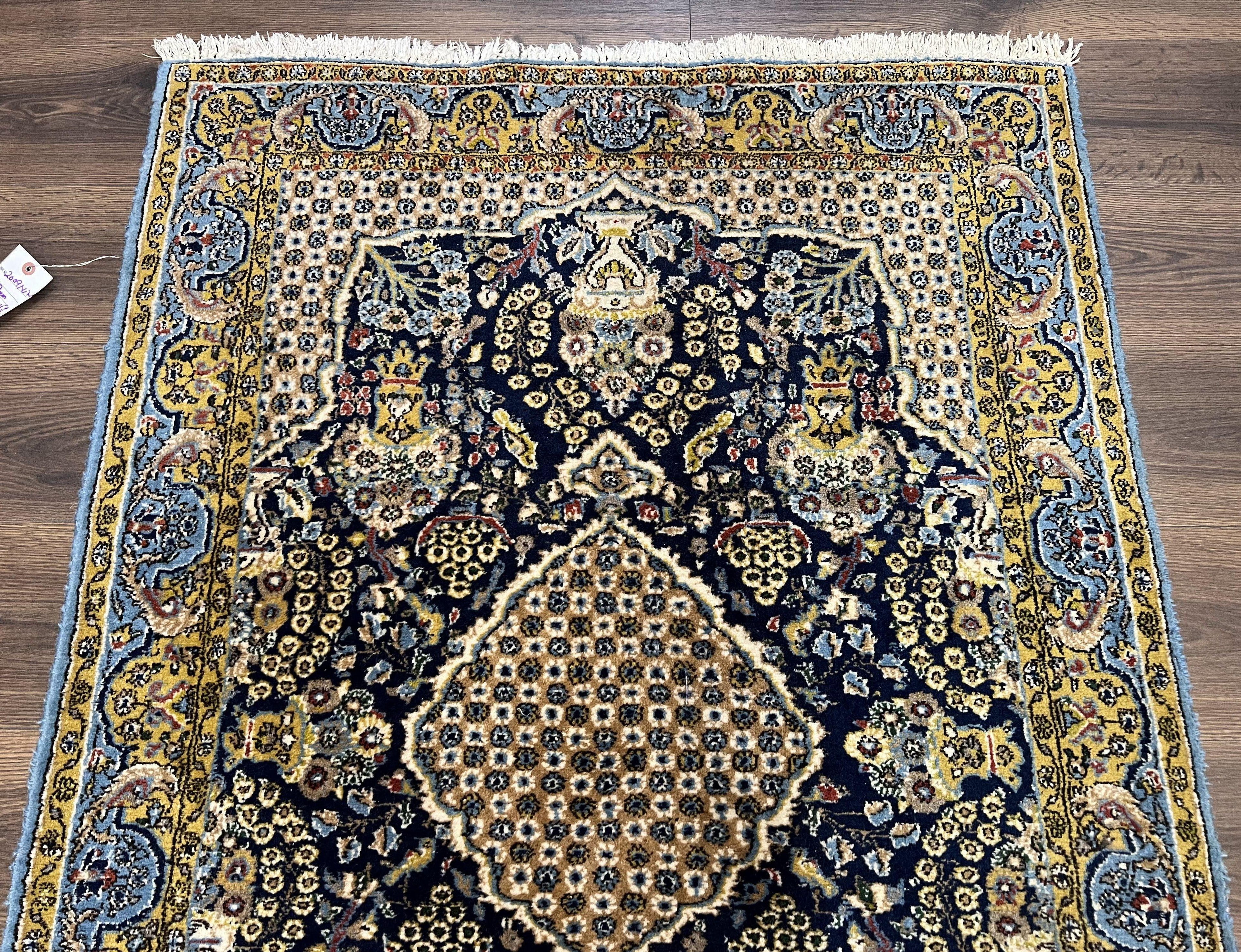 Fine Persian Qum Rug 3x5, Semi Antique Vintage Oriental Ghom Carpet, Floral Medallion, Highly Detailed, Hand Knotted, Navy Blue, Wool Area Rug, Birds