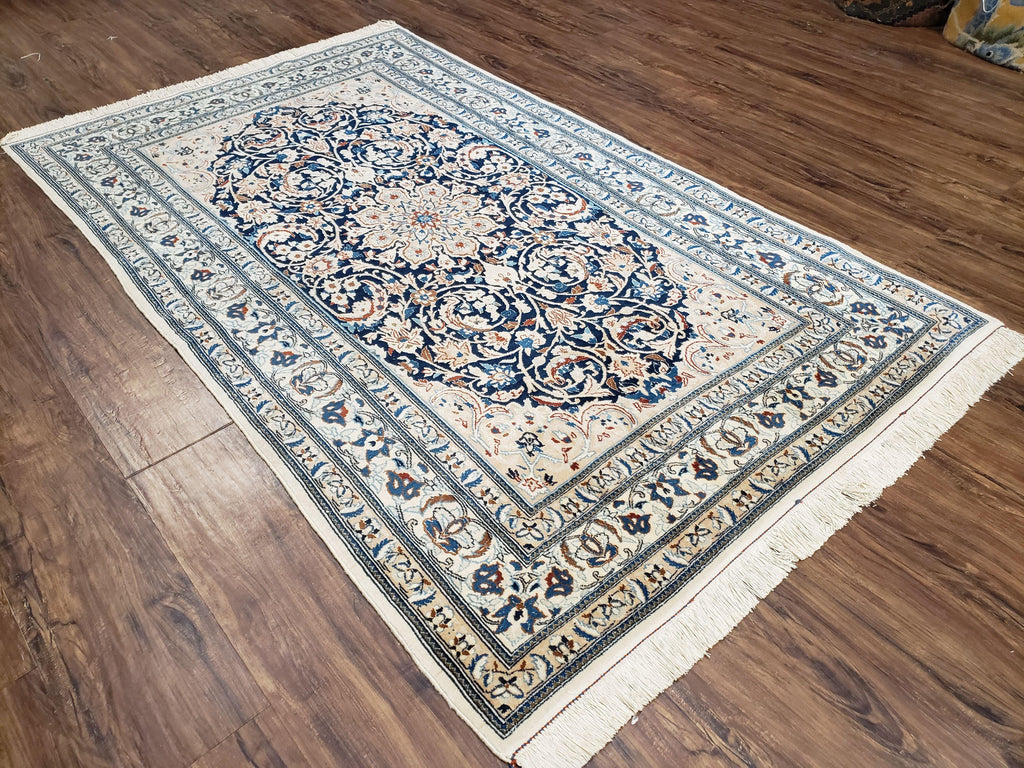 Persian Nain Rug 4x6, Ivory and Blue, Hand-Knotted, Wool & Silk