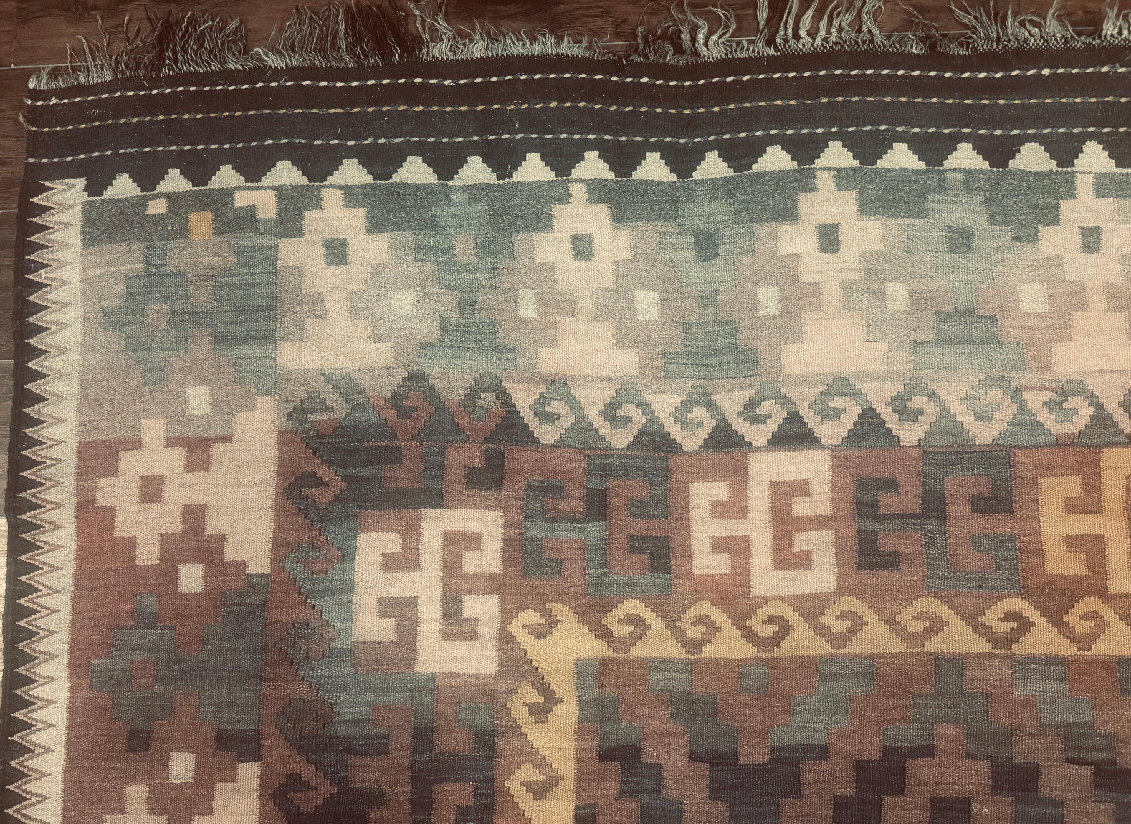 Antique Persian Tribal Kilim Rug 9x12, Zig Zag Pattern Kilim, Zarand Rug, Wool, Earth Tone Colors