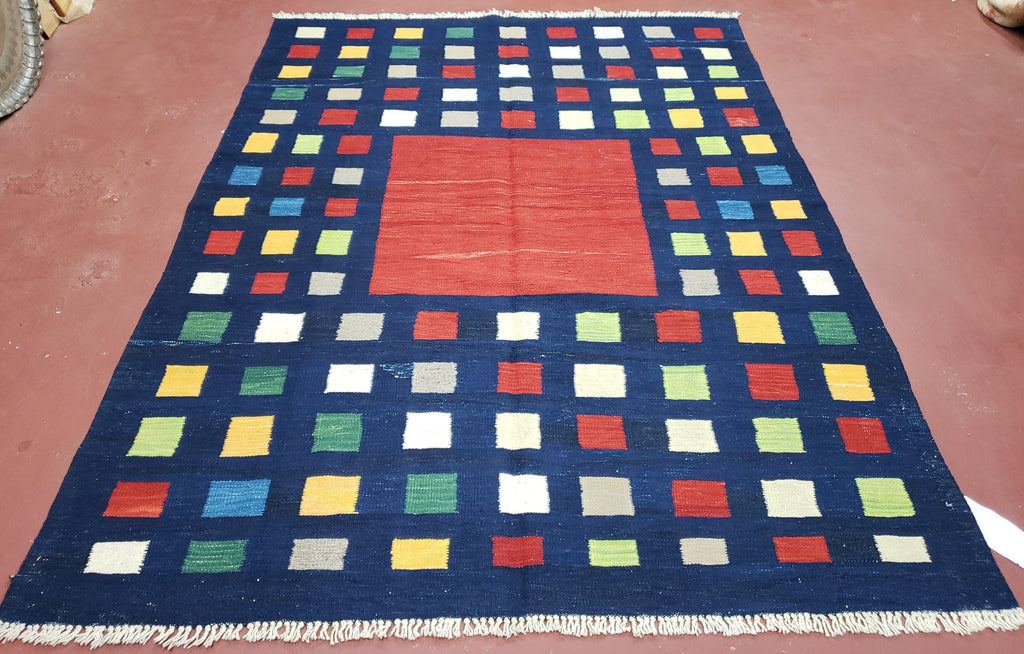 Turkish Kilim Rug 5x7 - 6x8, Checkerboard Kilim Carpet, Area Rug, New Playroom Rug, Colorful Multicolor Rug for Nursery Room, Dark Blue Red