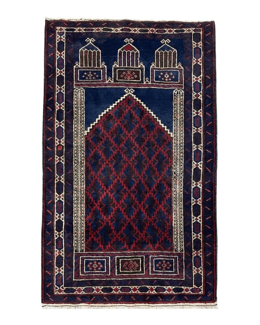 3x5 Vintage Handmade Tribal Wool Rug Balouchi Prayer Rug Afghan Rug Red Blue Wow