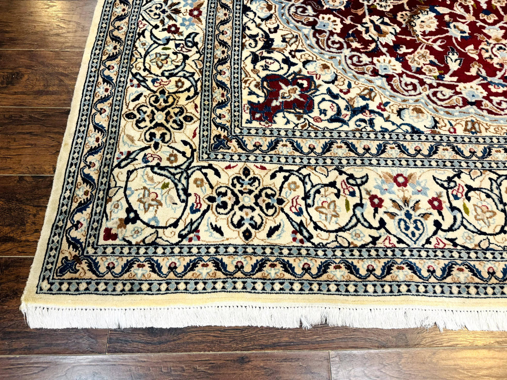 Persian Nain Rug 8x11, Wool and Silk Highlights, Burgundy & Ivory