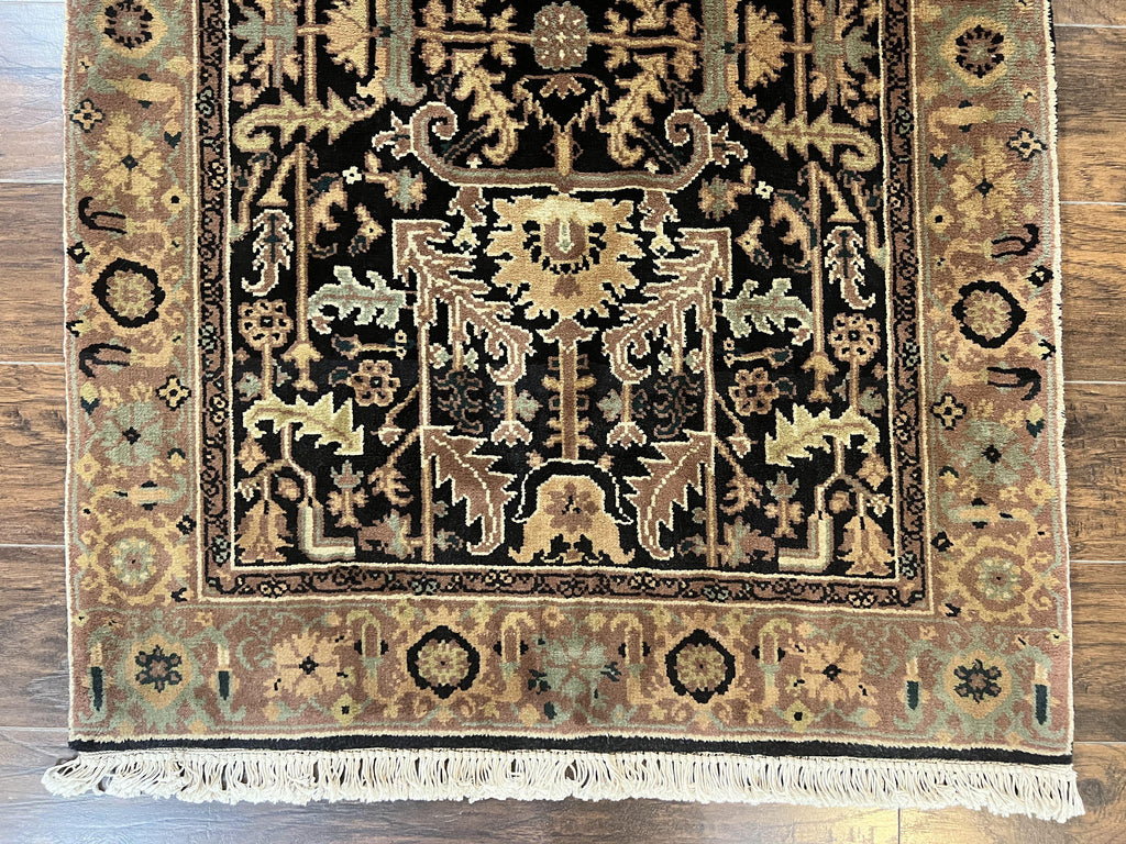 Heriz Rug 3.6 x 5, Handmade Vintage Wool Carpet, Couristan Carpet, Persian Design, Black