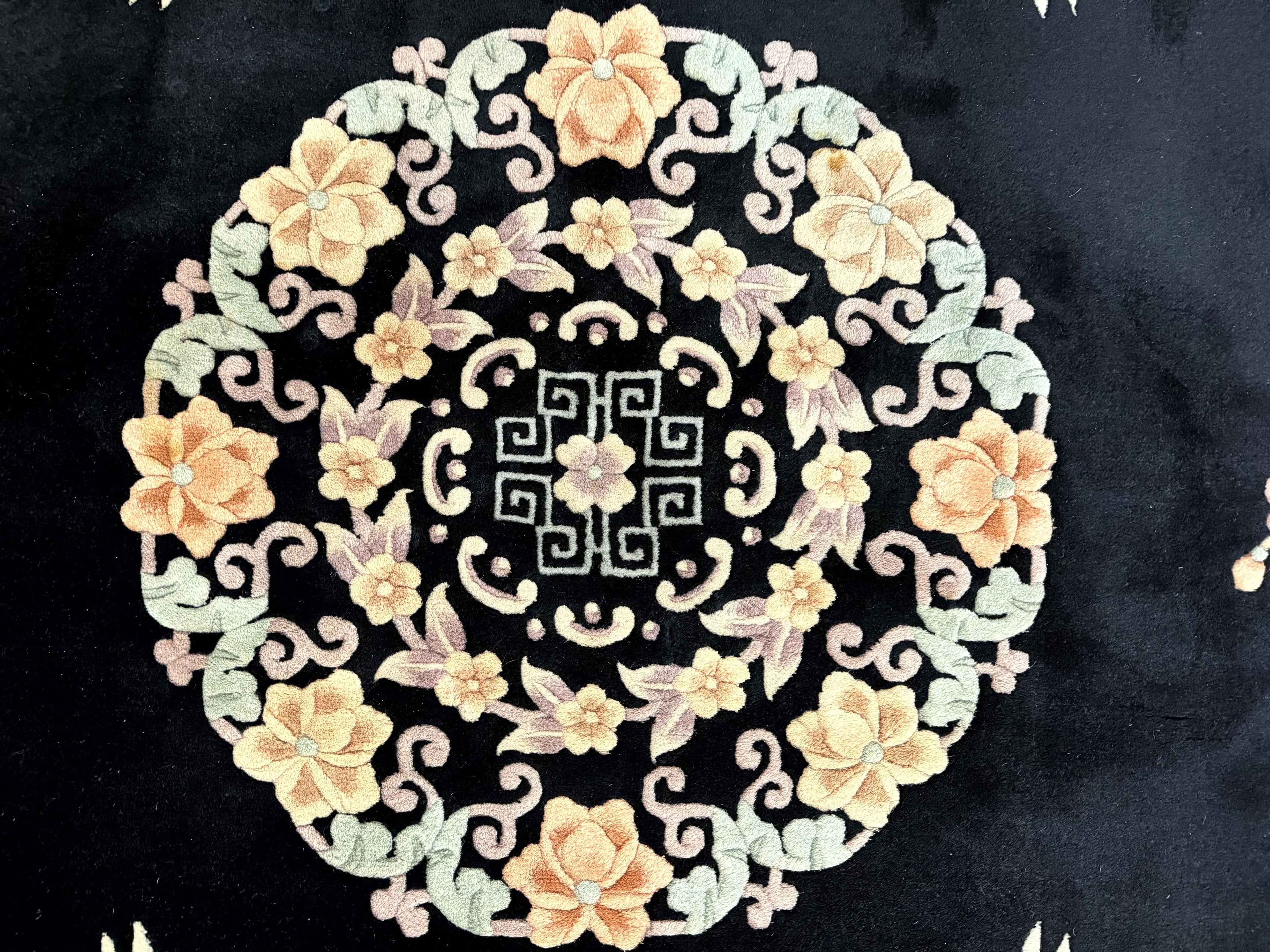 Chinese Wool Rug 9x12, Chinese Carving Carpet, Floral Medallion, Black and Beige, Butterflies, Vintage Asian Oriental Rug, 90 Line Rug