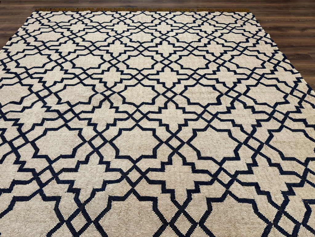 Indian Kilim Rug 8x10, Oat and Navy Blue, Dhurrie Carpet, Handmade, Wool