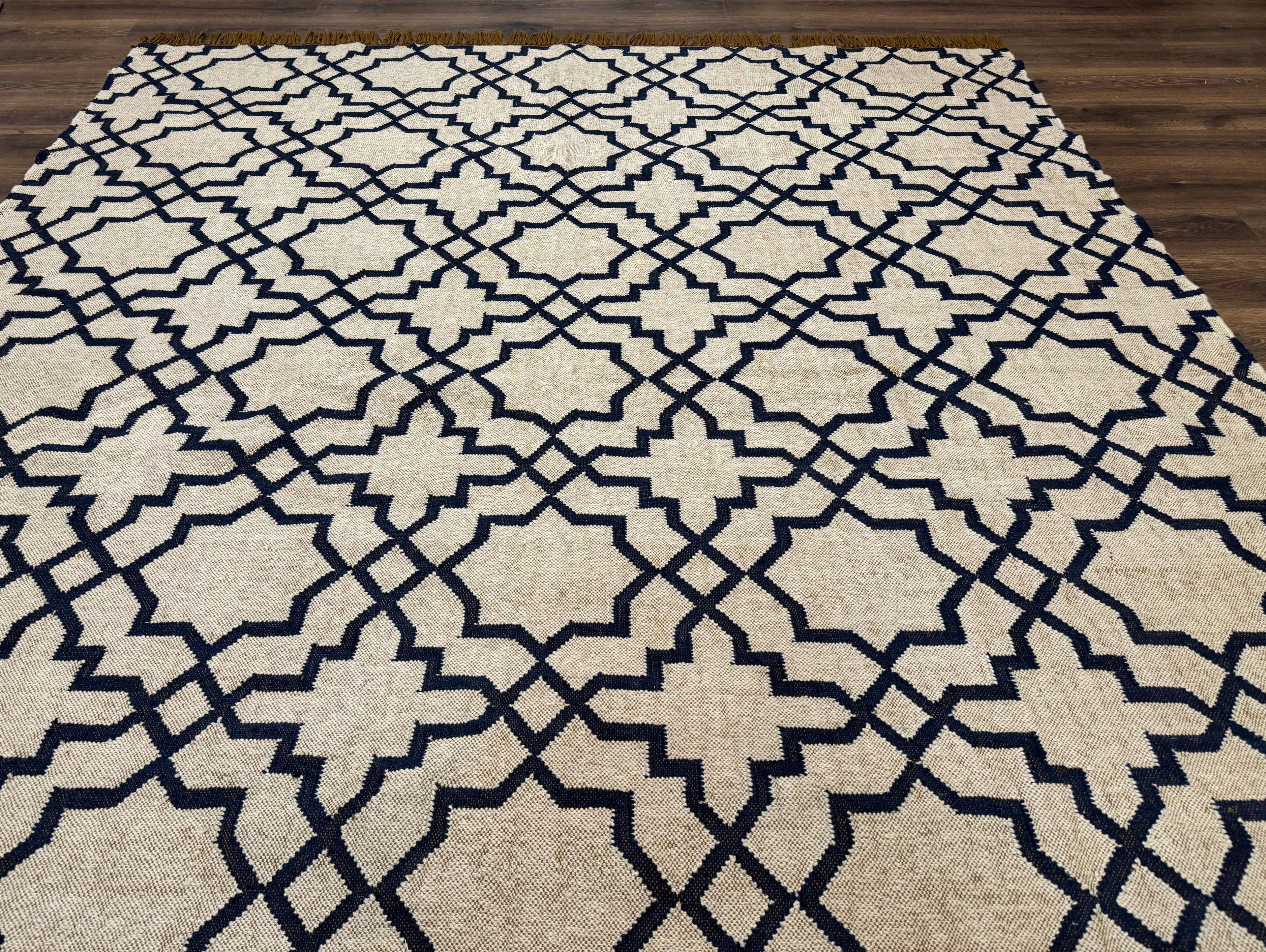 Indian Kilim Rug 8x10, Oat and Navy Blue, Dhurrie Carpet, Handmade, Wool
