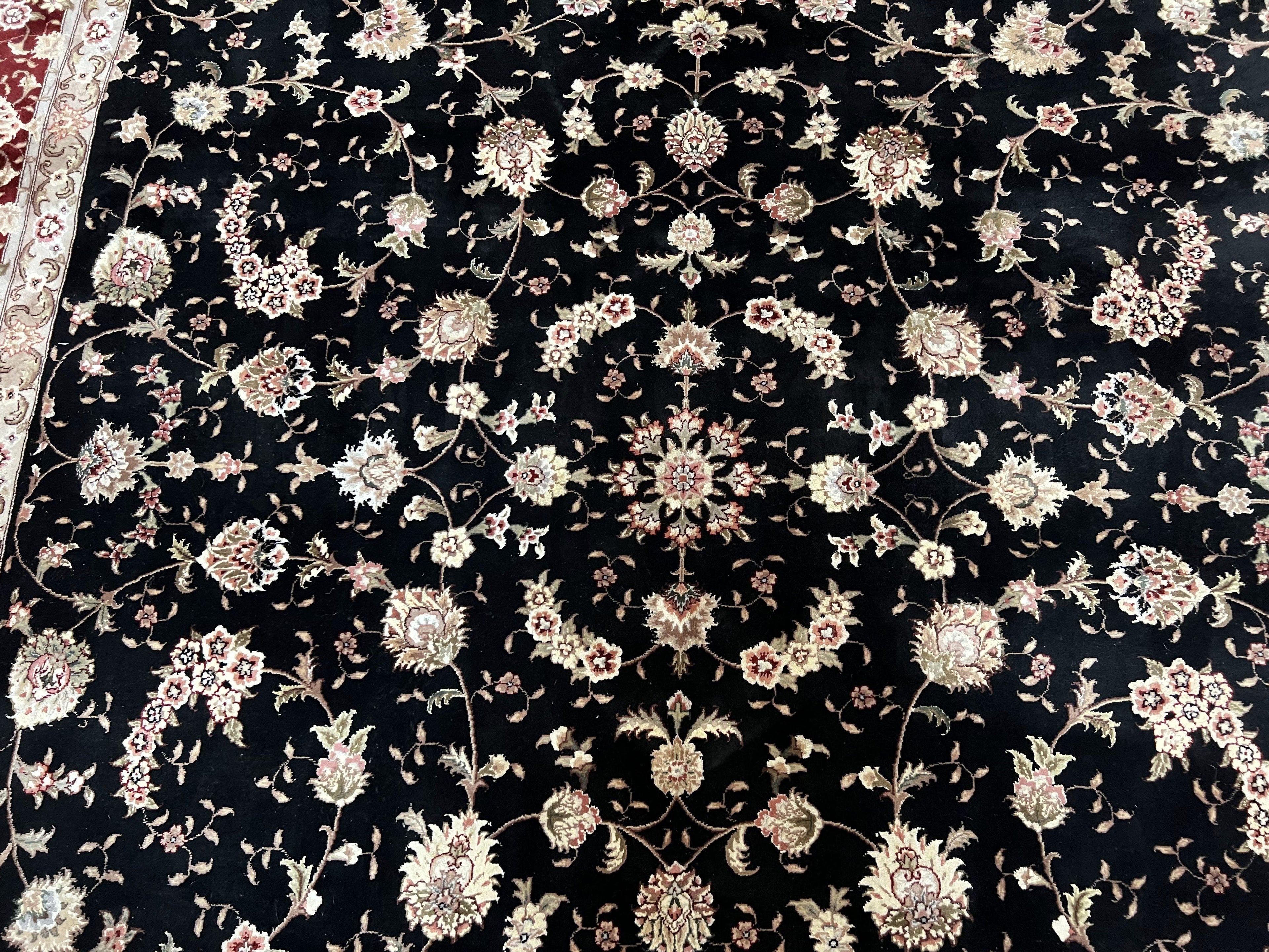 Sino Persian Rug 9x12, High Quality Oriental Carpet, Black and Maroon, Wool and Silk, Allover Floral Pattern, Hand Knotted, Vintage Rug Nice