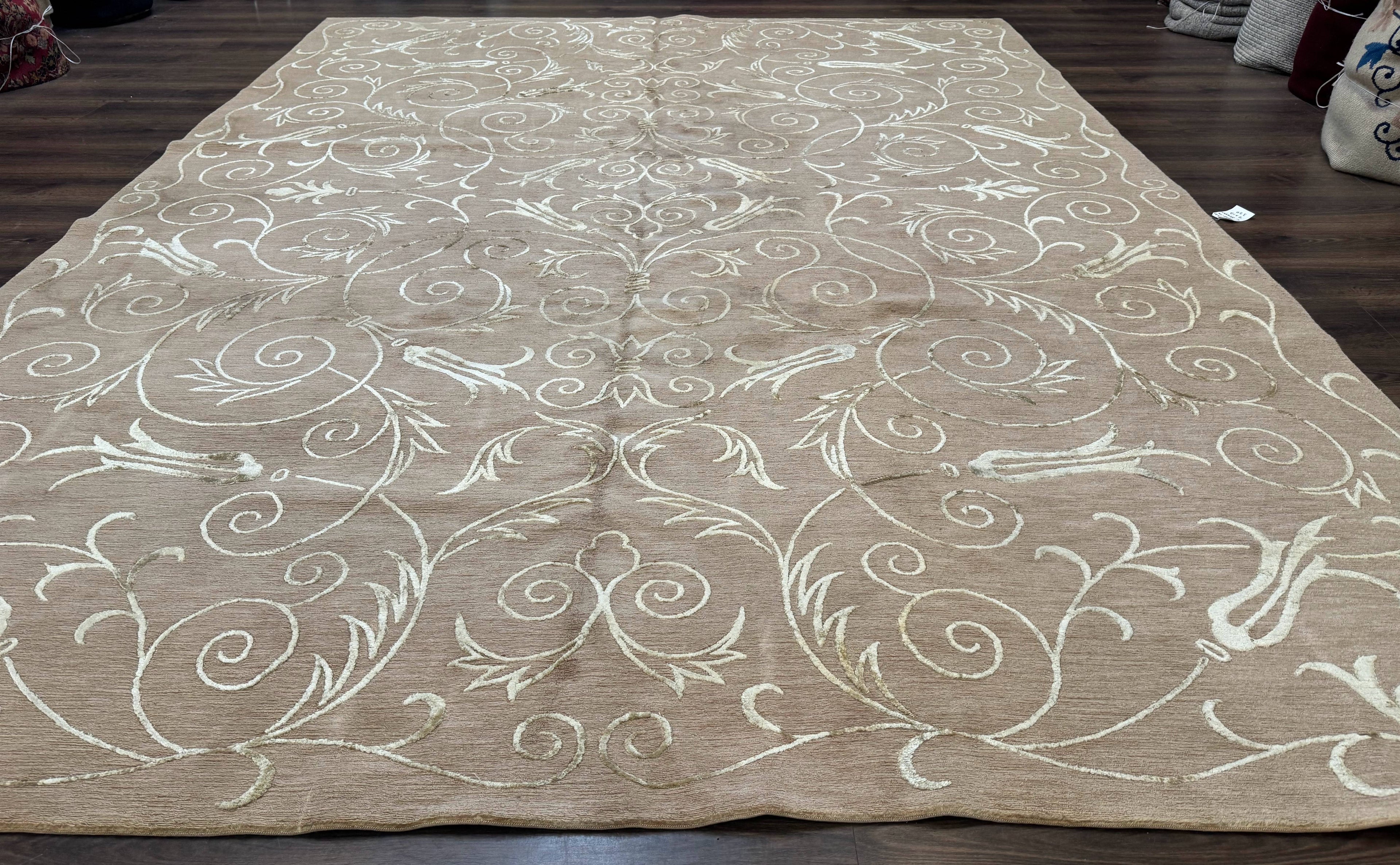 Tibetan Rug 9x12 Wool and Silk Beige Modern Handmade Carpet