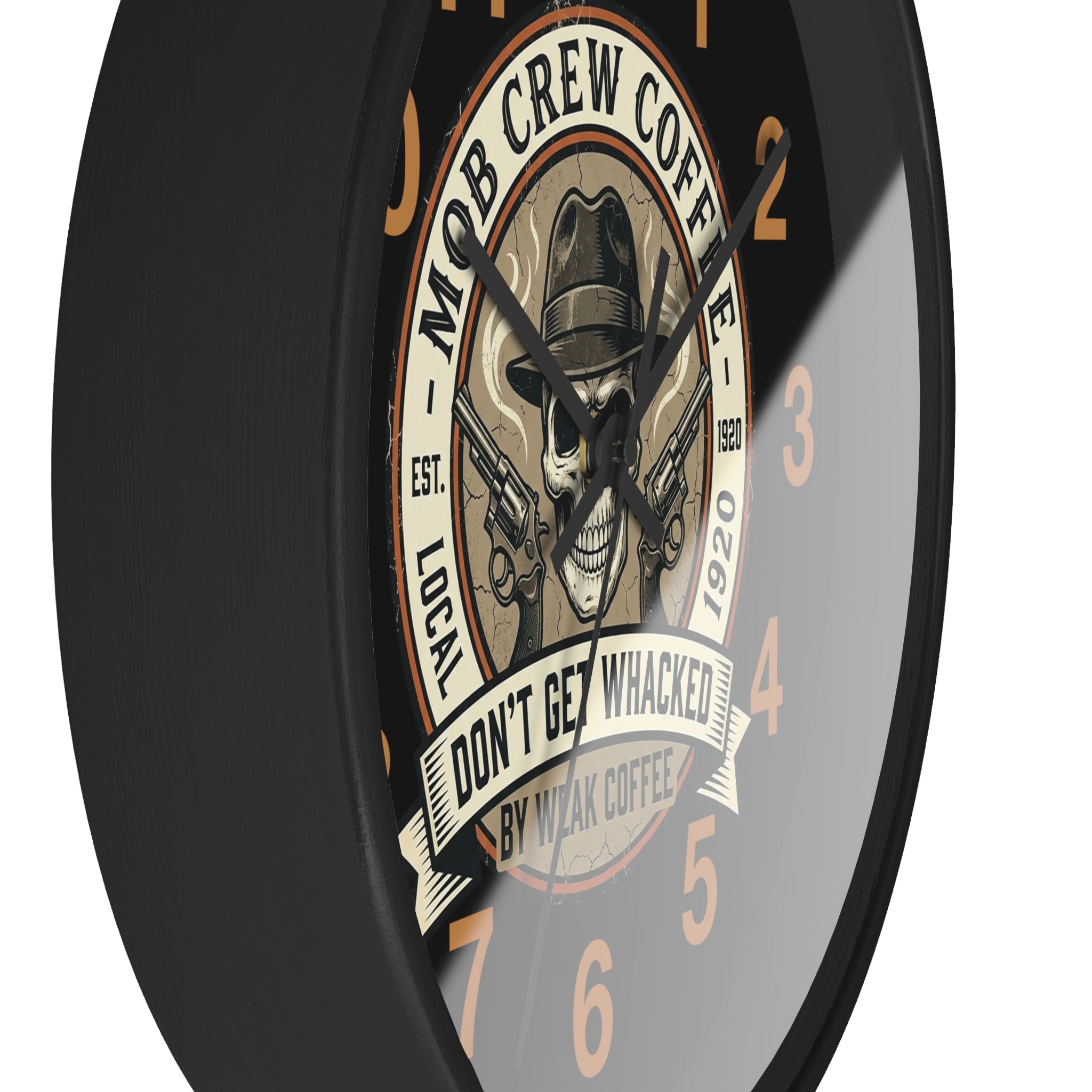 Mob Crew Coffee Wall Clock  “Don’t Get Whacked by Weak Coffee” Vintage Skull Clock