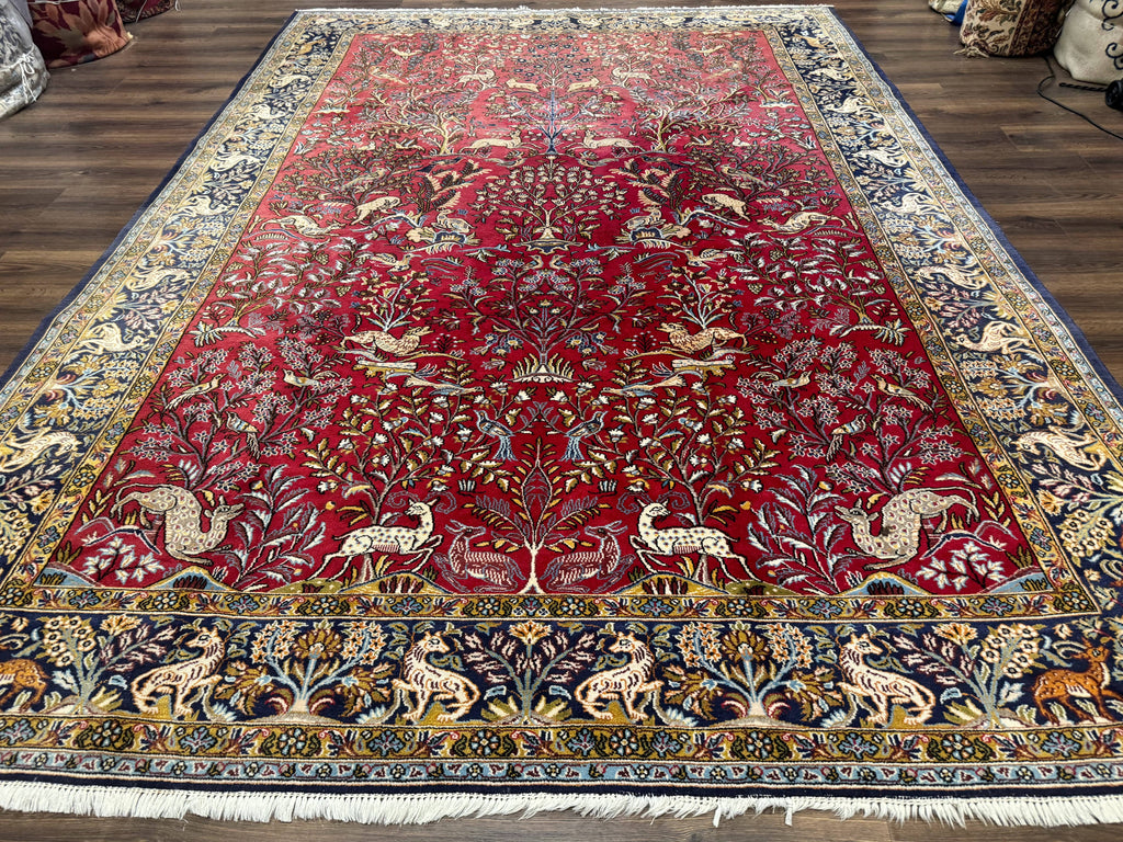 Persian Qum Rug 9x12, Animal Pictorials, Deer Birds, Tree of Life, Red and Navy Blue