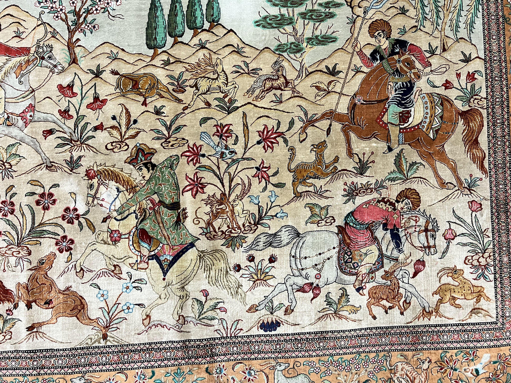 Silk Persian Qum Rug 3x5, Hunting Pattern, Handmade Vintage Carpet, Signed by Master Weaver, Horsemen Pictorials, Super Fine 650 KPSI