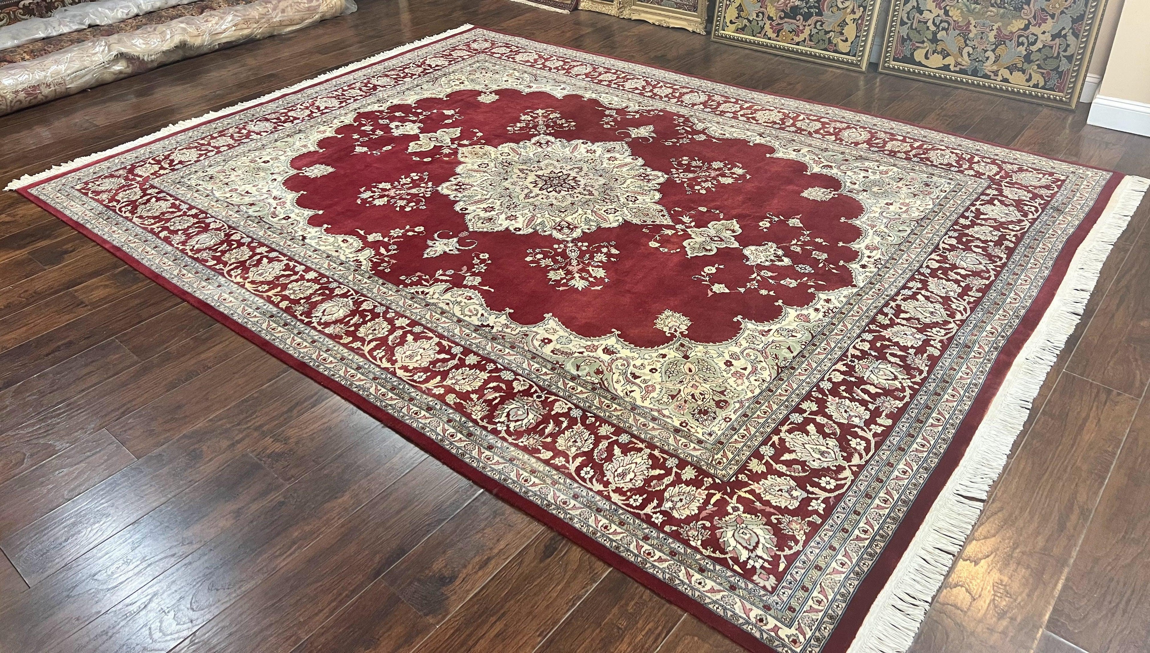 Pak Persian Rug 9x12, Handmade Vintage Traditional Wool Carpet, Floral Medallion, Dark Red Ivory/Cream, Fine 250 KPSI