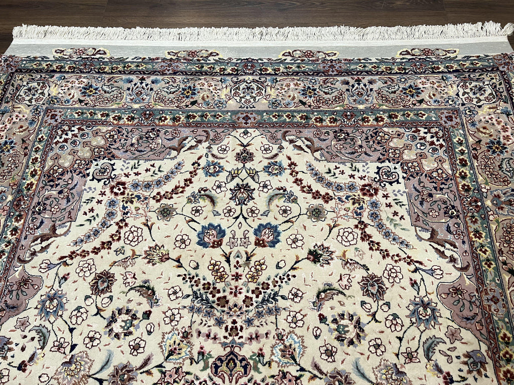 Beautiful Pak Persian Rug 6x9, Floral Medallion, Wool and Silk, Highly Detailed Elegant Carpet, Vintage Oriental Rug 6 x 9, Cream and Gray