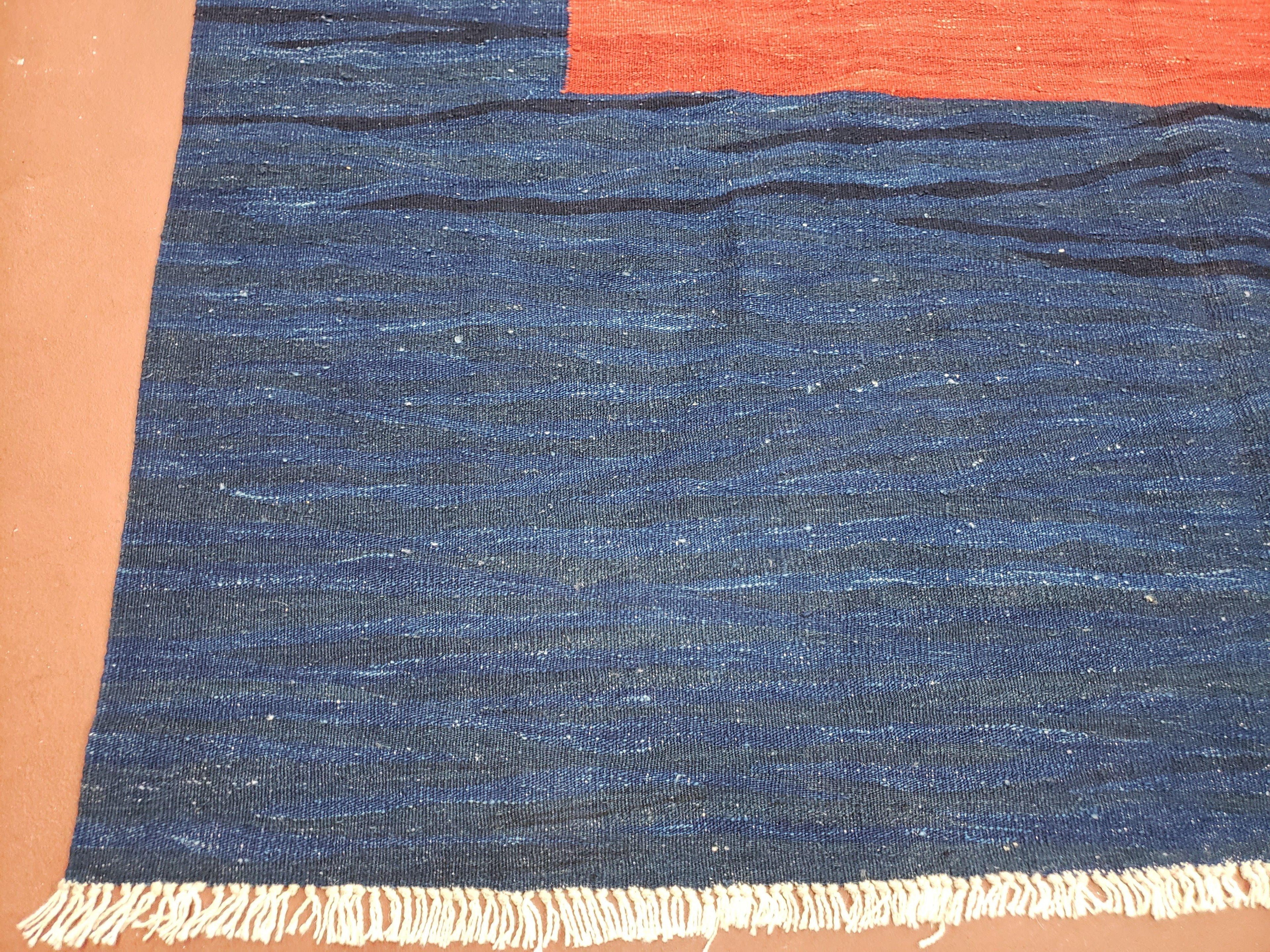 Blue and Red Turkish Kilim Rug, New 6x9 - 7x10 Flatweave Area Rugs, Hand Woven, Wool Handmade Oriental Kilim Abstract Modern Boho, Minimal