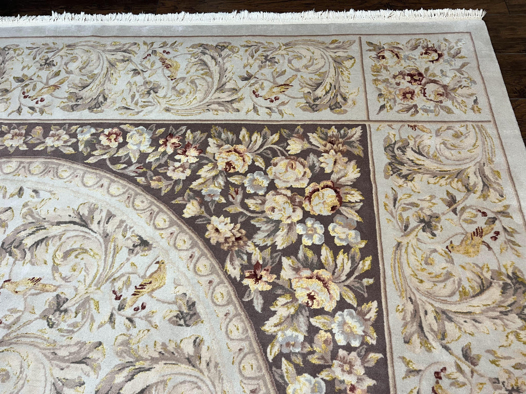 Aubusson Rug 10x14, Wool & Silk Highlights Hand Knotted Vintage Carpet, Birds Flowers, Fine Details, Elegant