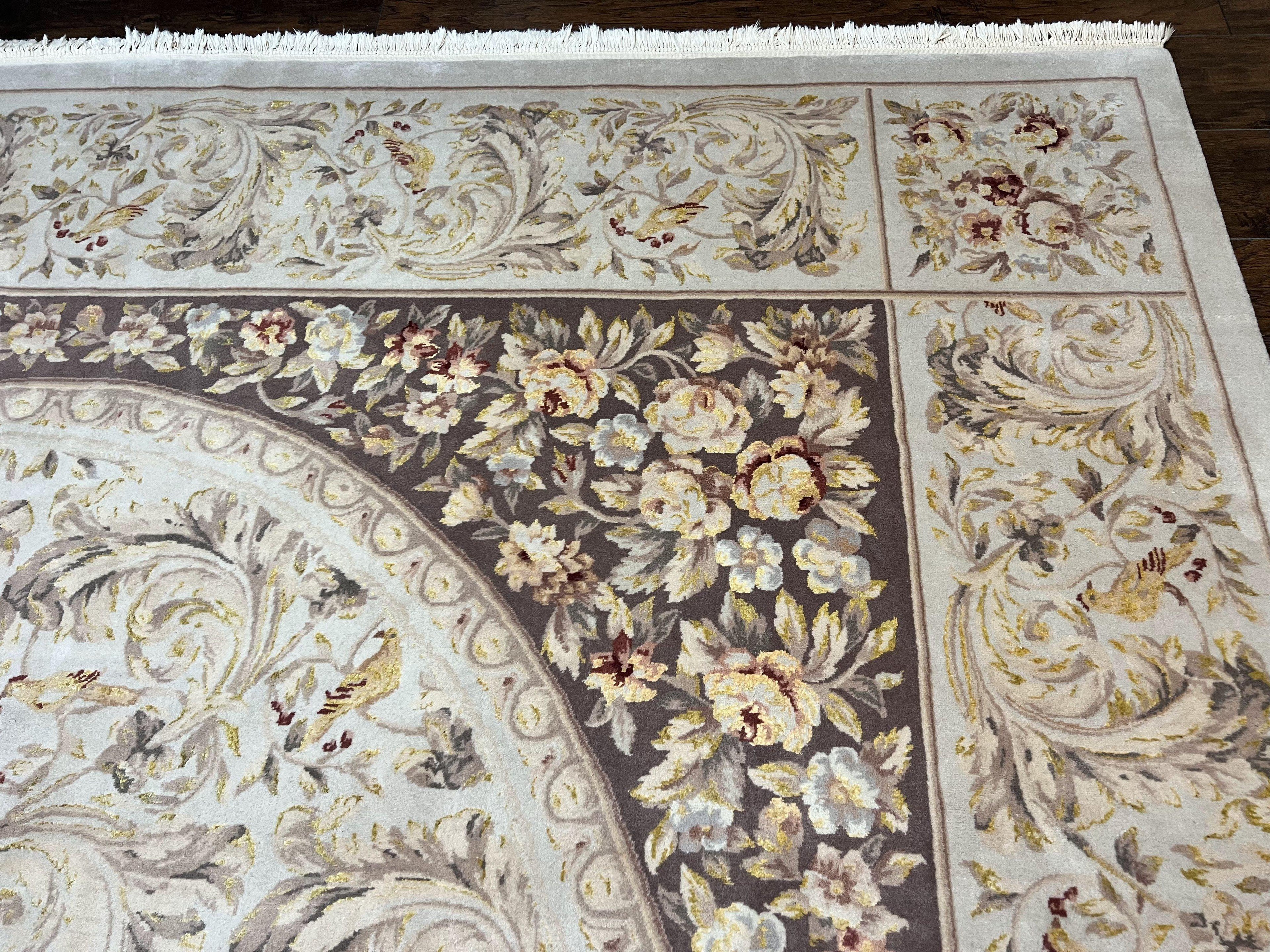 Aubusson Rug 10x14, Wool & Silk Highlights Hand Knotted Vintage Carpet, Birds Flowers, Fine Details, Elegant