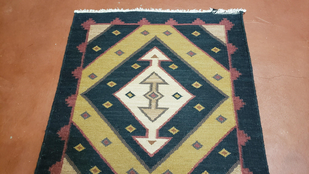 Vintage Indian Kilim Runner Rug, Geometric Flatweave Hand-Knotted Wool Kitchen Hallway Runner, Black Gold & Beige, 2' 8" x 9' 9"