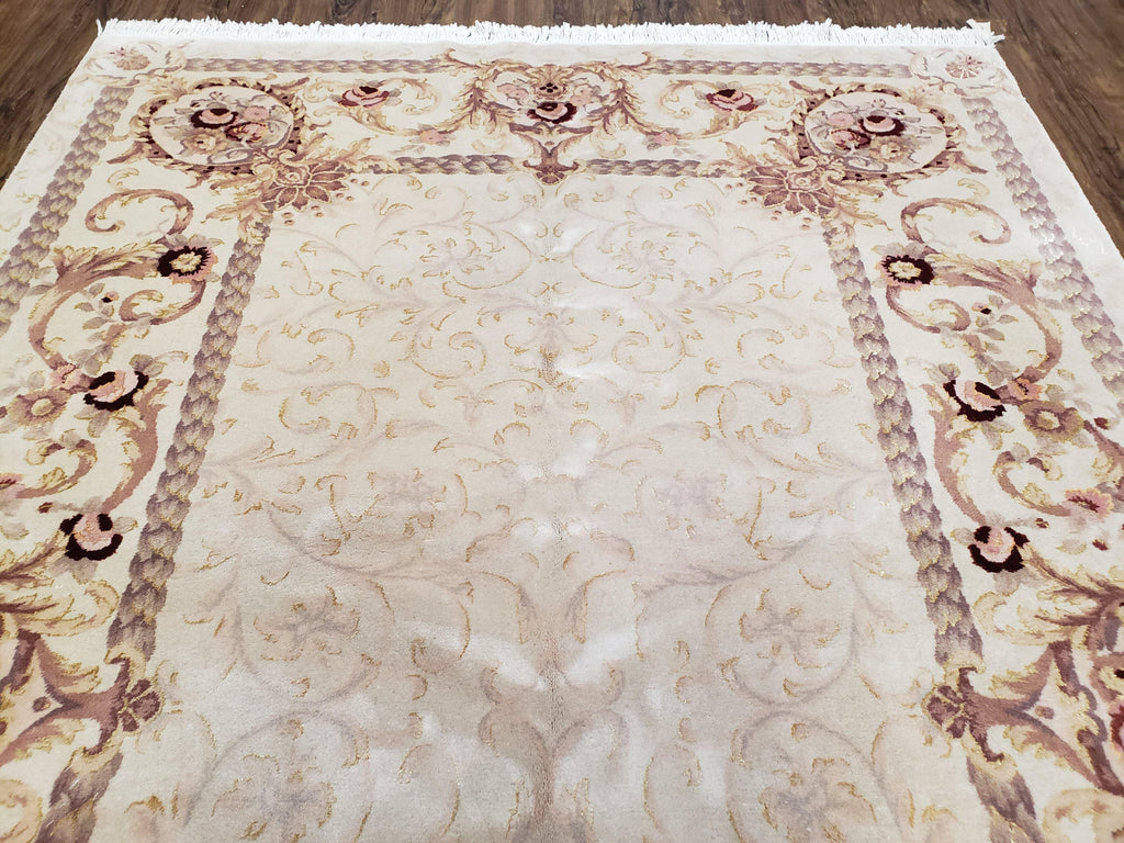 Vintage Ivory Chinese Aubusson Area Rug 6x9, Wool & Silk, Hand-Knotted 120 Line Fine Rug, European Design Carpet, 6 x 9 Master Signature Rug