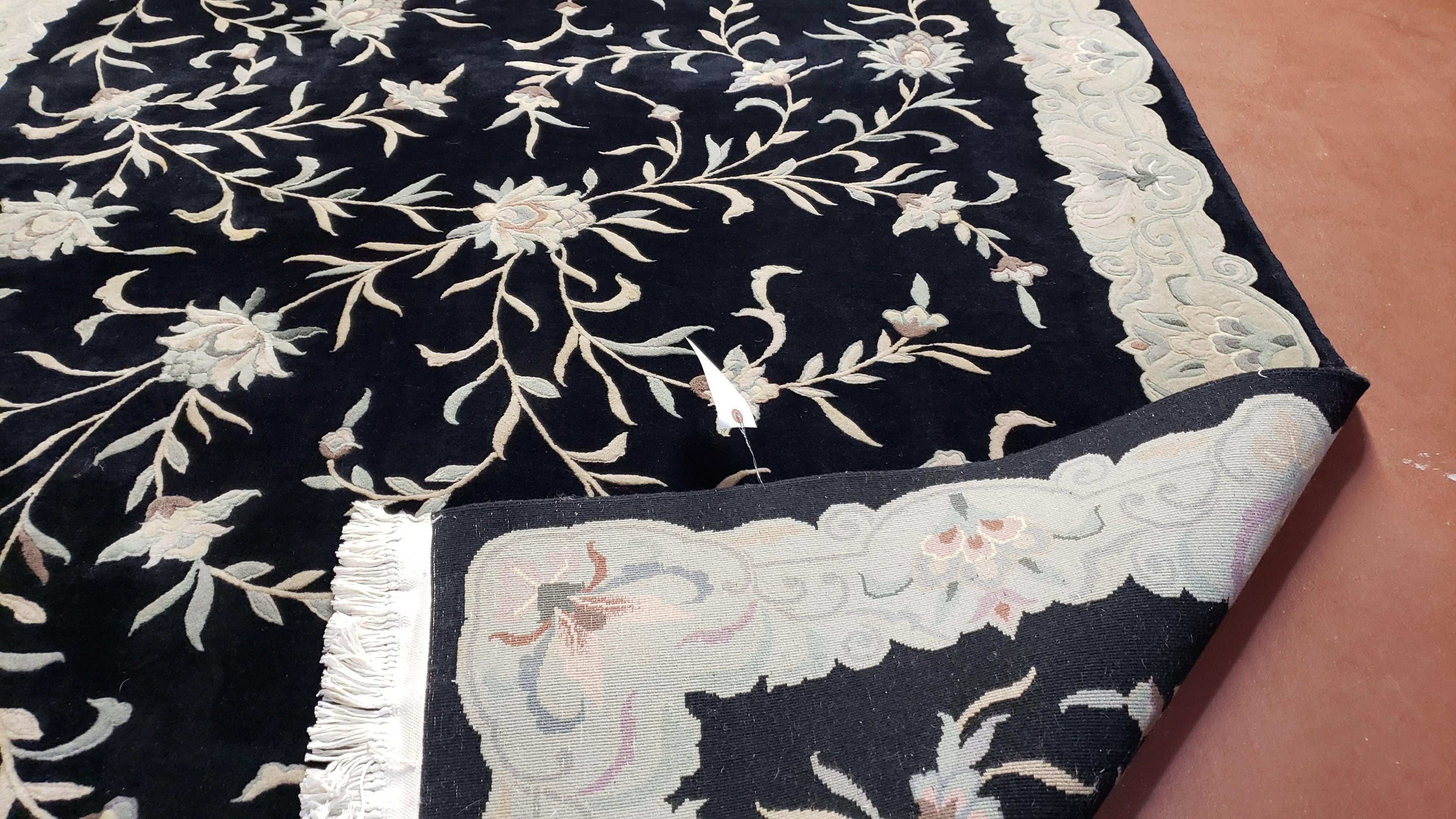 6x9 Vintage Black Gray Chinese Rug 120 Lines Wool Carpet Floral Design Hand-Knotted Soft Pile Entryway Rug Foyer Rug Nice