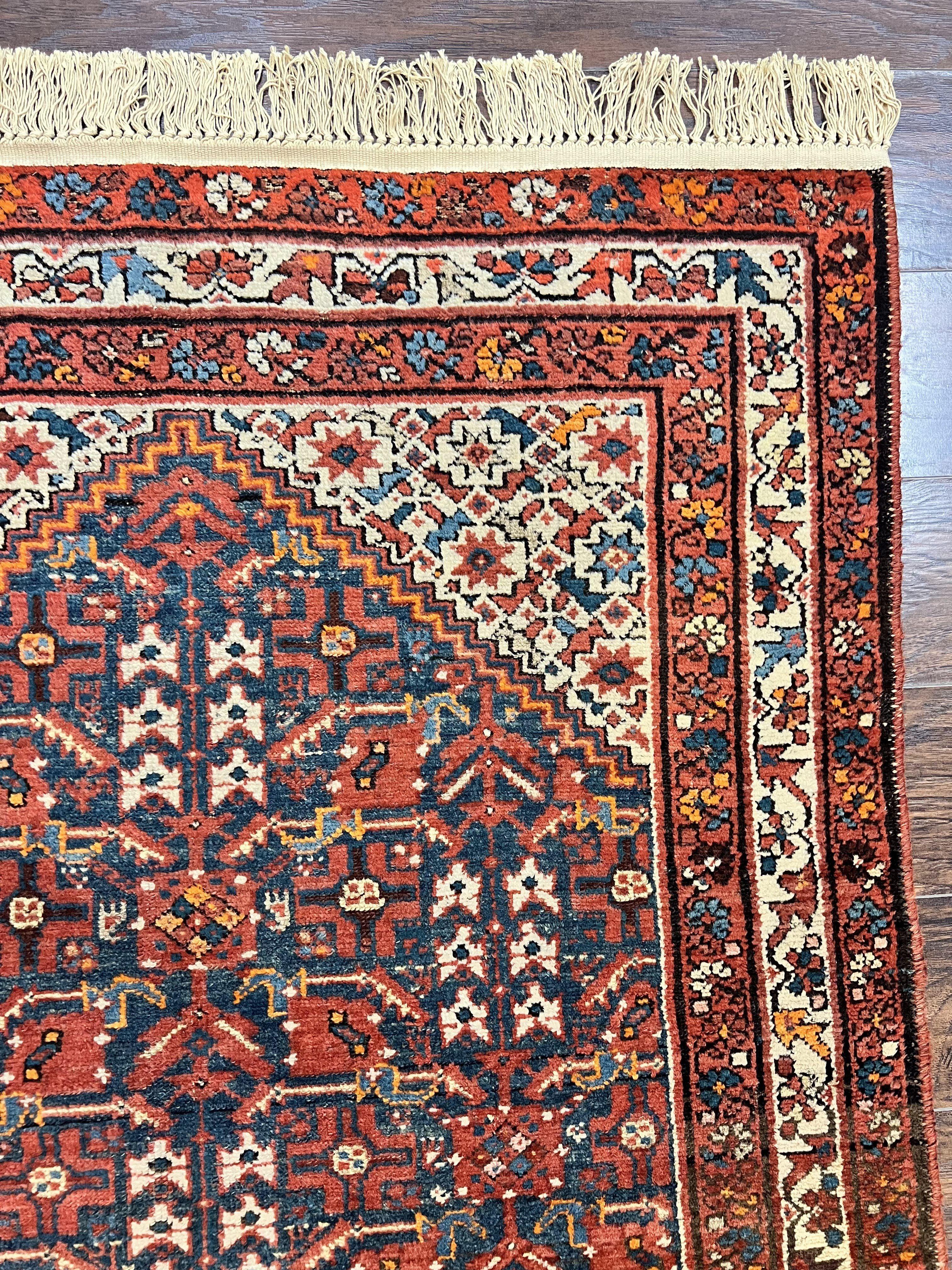 Persian Malayer Rug 4x7, Tribal Rug, Geometric, Antique Oriental Carpet, Red Blue Cream, Boho Rug, Hand Knotted Wool Rug