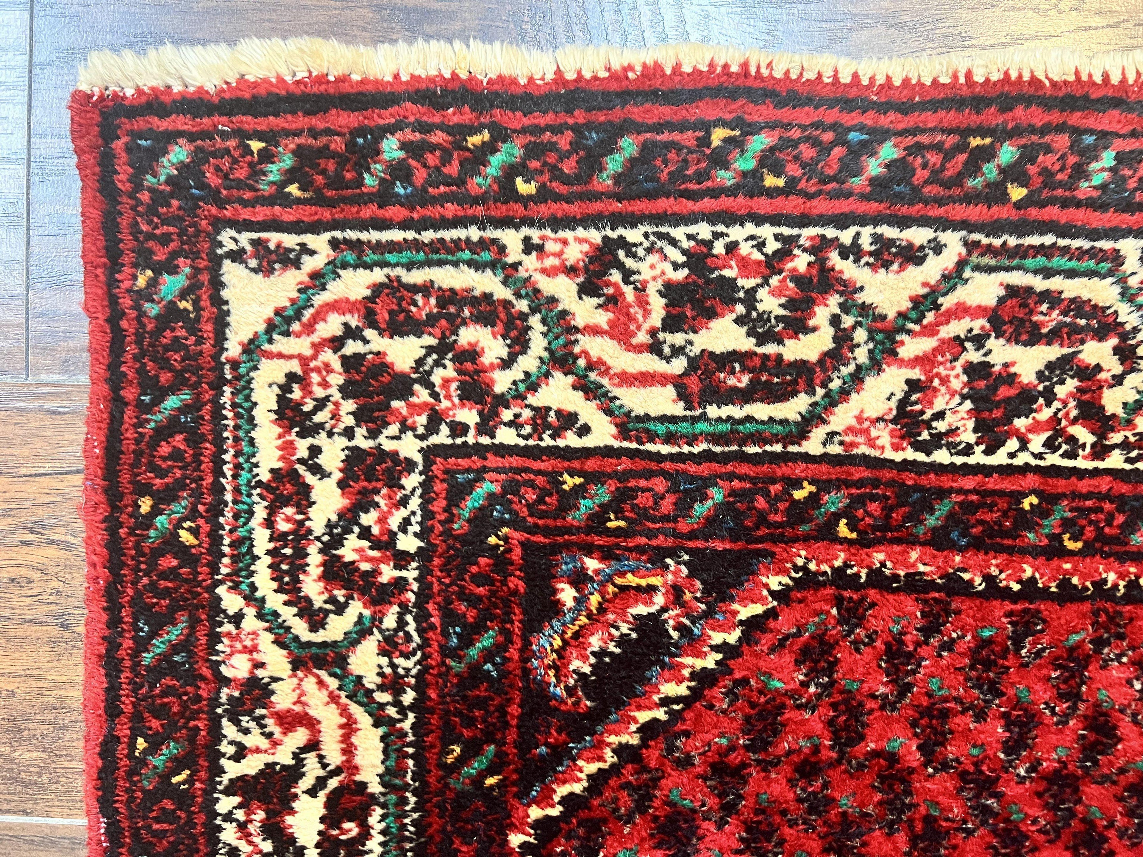 Persian Tribal Rug 2.6 x 5, Boteh Paisley Pattern, Red and Beige, Wool Hamadan Rug