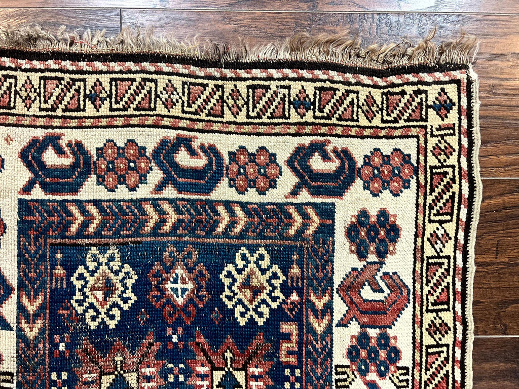 Antique Caucasian Kazak Rug 2.5 x 4, Navy Blue and Ivory, Hand Knotted Handmade Wool Rug