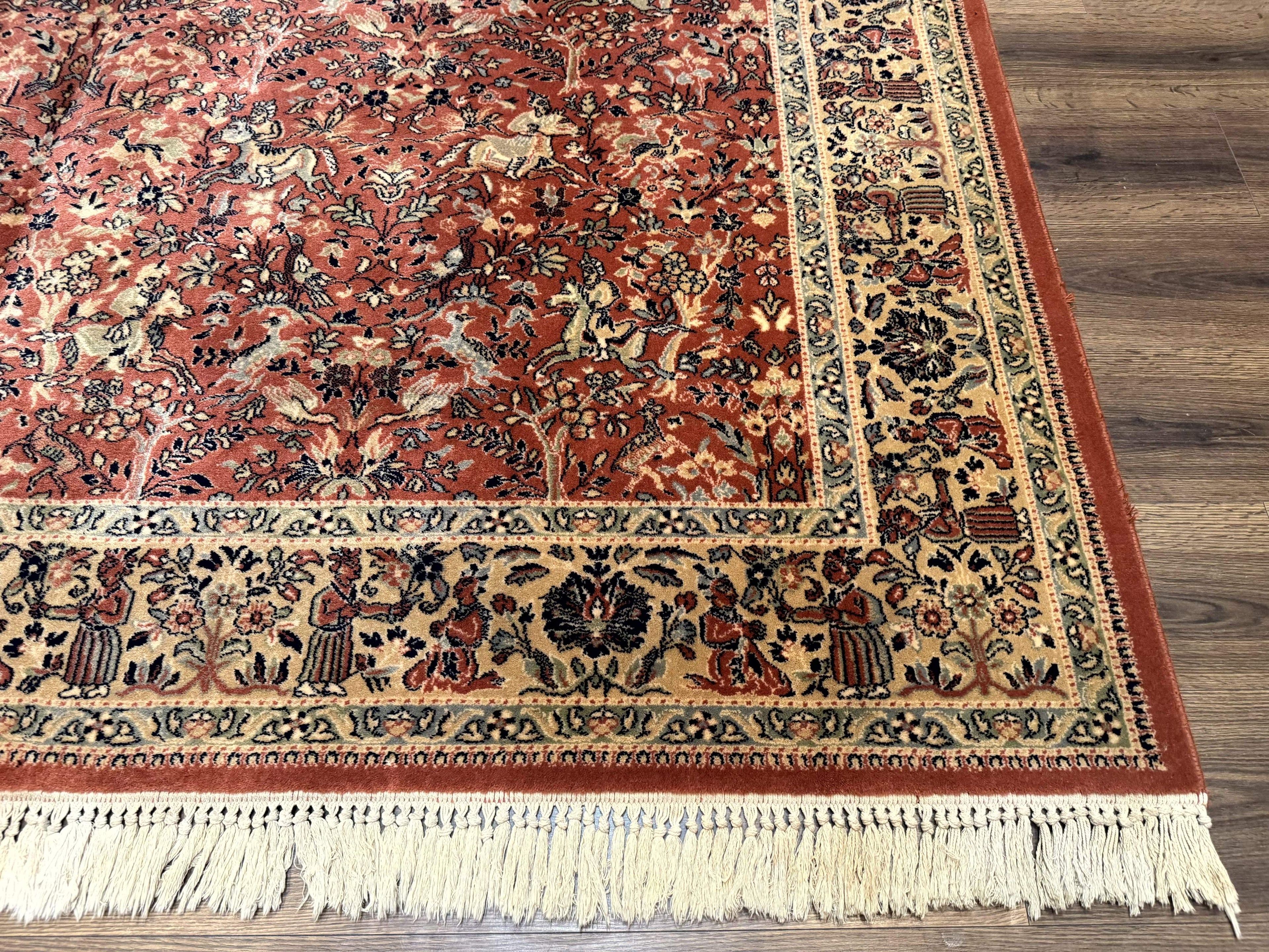 Persian Area Rug 8 x 11.6, Wool, Royal Hunting Scene, Vintage Couristan Rug, Red, Allover Pattern, Belgium Power Loomed