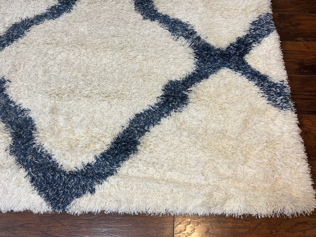 Modern Shag Rug 9x12, Ivory and Dark Blue, Diamond Pattern, Soft, Room Sized, Contemporary Rug, Plush