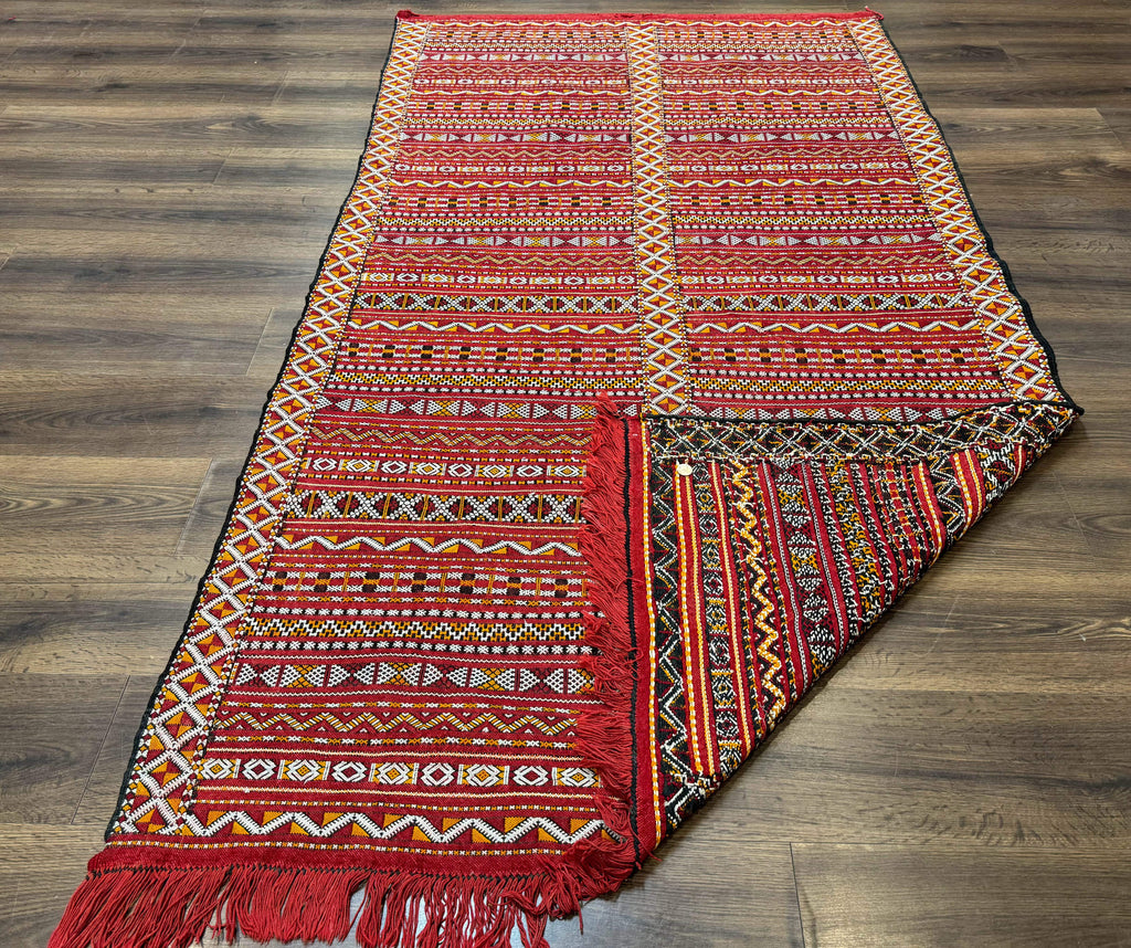 Moroccan Kilim Rug 4x8, Flatweave, Bohemian, Red Ivory Orange