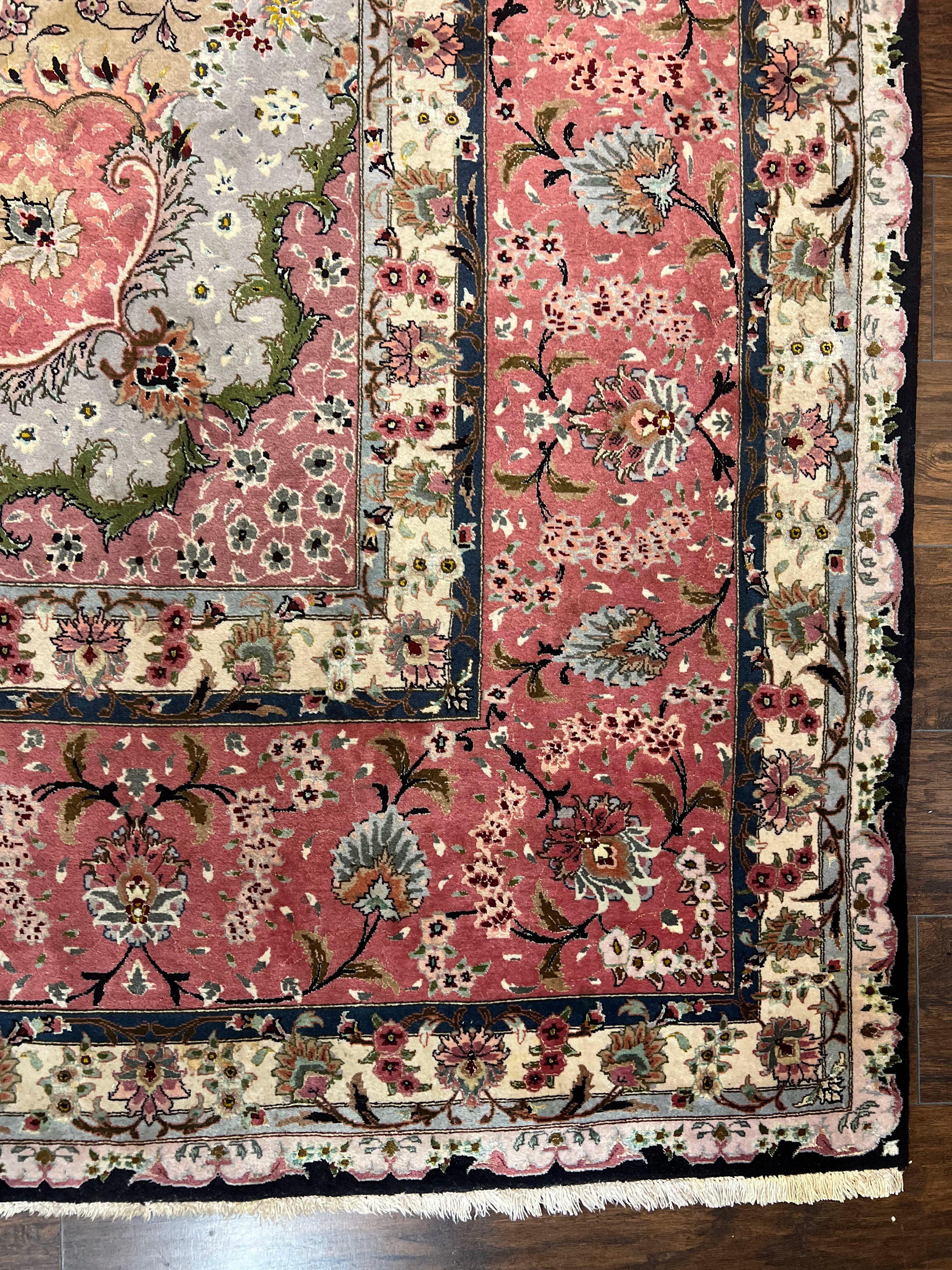 Magnificent Persian Tabriz Rug 11x16, Oversized Persian Carpet 11 x 16 ft, Wool on Silk Finely Hand Knotted, 450 KPSI, Floral Medallion, Black Pink