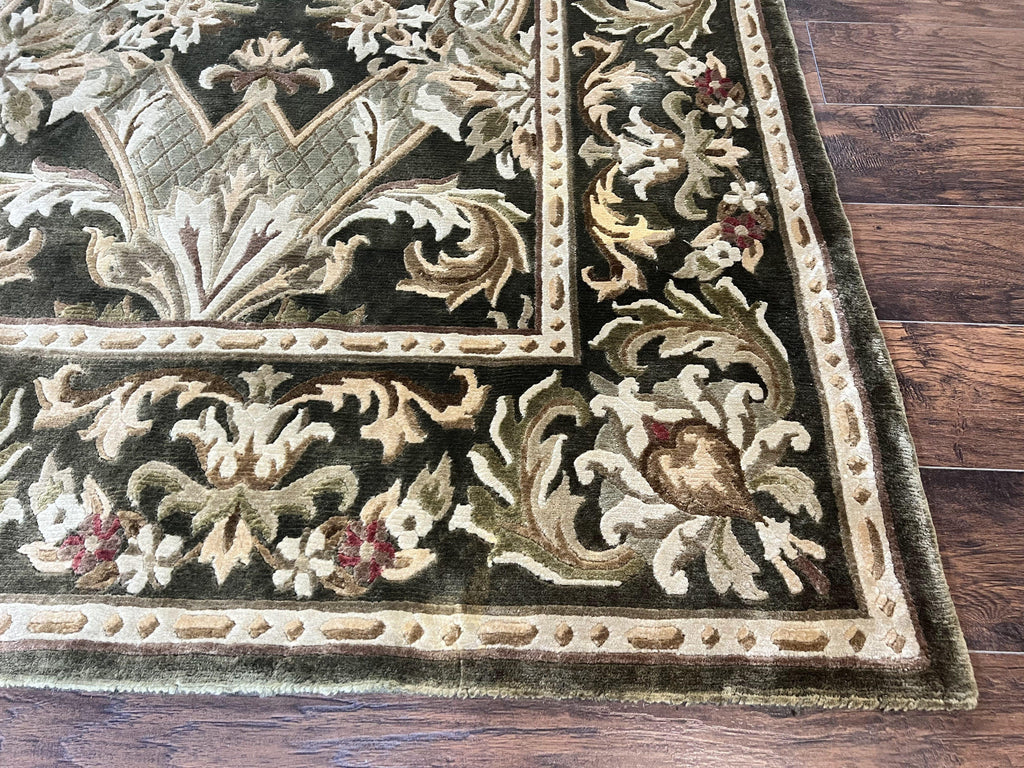 Tibetan Rug 8x10, European Design, Floral, Green, Handmade, Wool, Nepali Rug