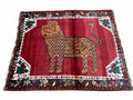 Antique Persian Gabbeh Wool Rug 4x5, Lion Pictorial Rug, Red Orange Black, Hand Knotted Handmade Vintage Gabbeh Carpet 4 x 5 ft, Tribal Rug