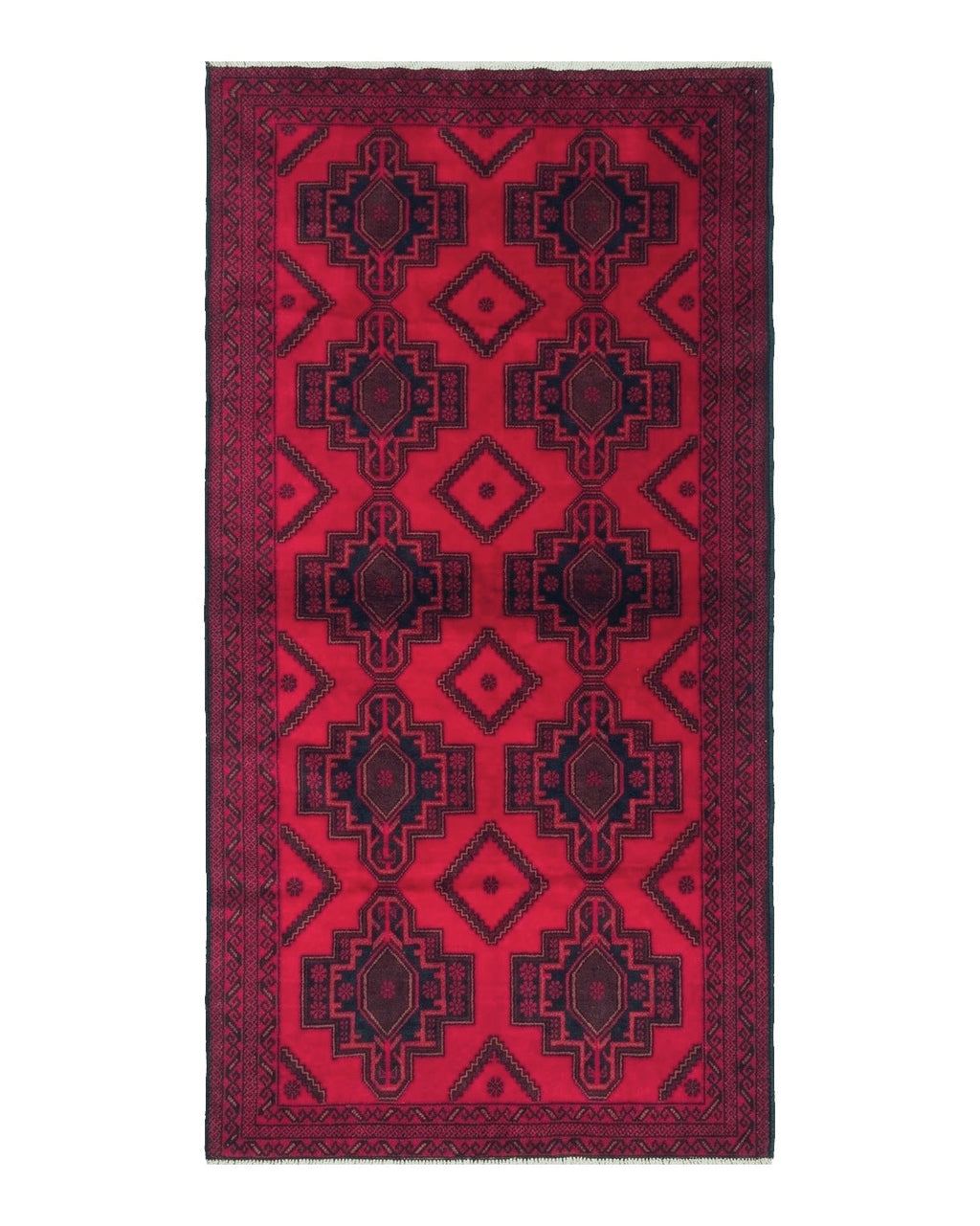 Afghan Rug 4x7, Tribal Carpet, Balouch Rug, Red and Navy Blue, Repeated Medallions, New
