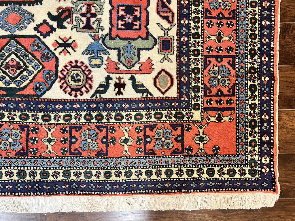 Persian Tribal Rug 8x11, Persian Ardabil Rug, Geometric Medallion Animal Pictorial Rug, Ivory Red Blue, Hand Knotted Vintage Wool Carpet